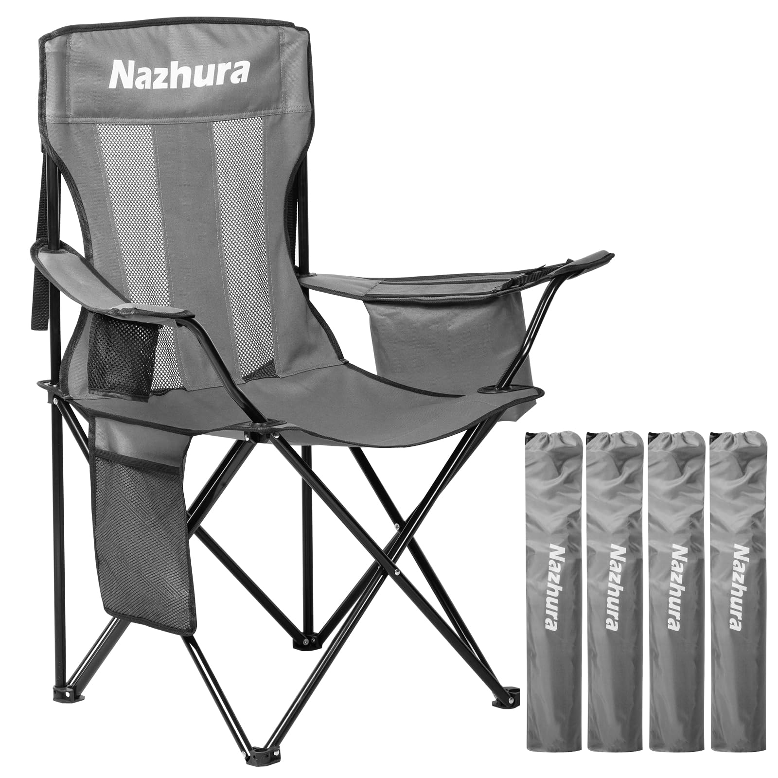 Nazhura 4 Pack Outdoor Camping Chairs Folding/Foldable/Portable with Cooler Pouch, Mesh Backrest and Cup Holder Pocket(Grey) (Gr