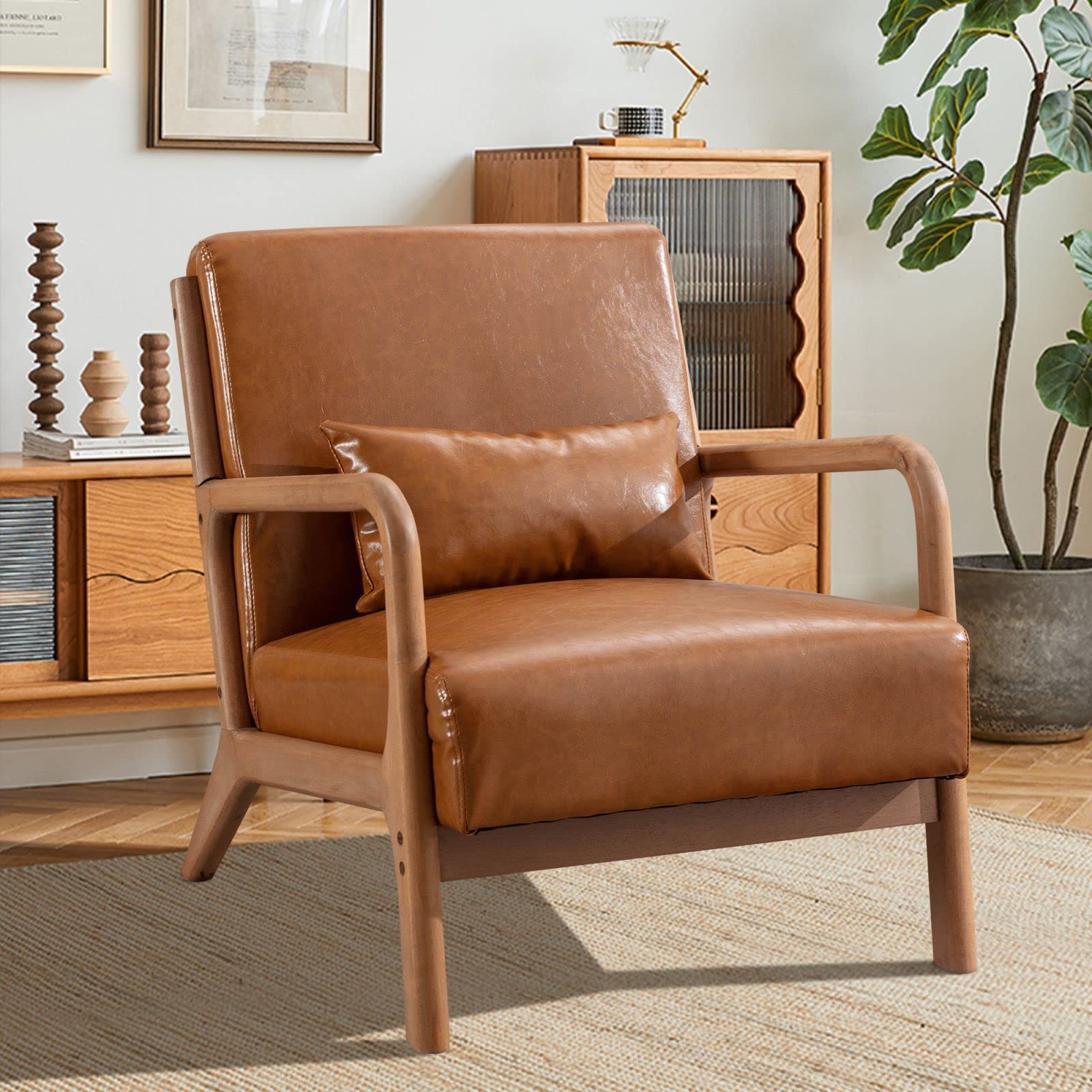 INZOY Mid Century Modern Accent Chair with Wood Frame, PU Leather Reading Armchair with Waist Cushion, Upholstered Living Room C