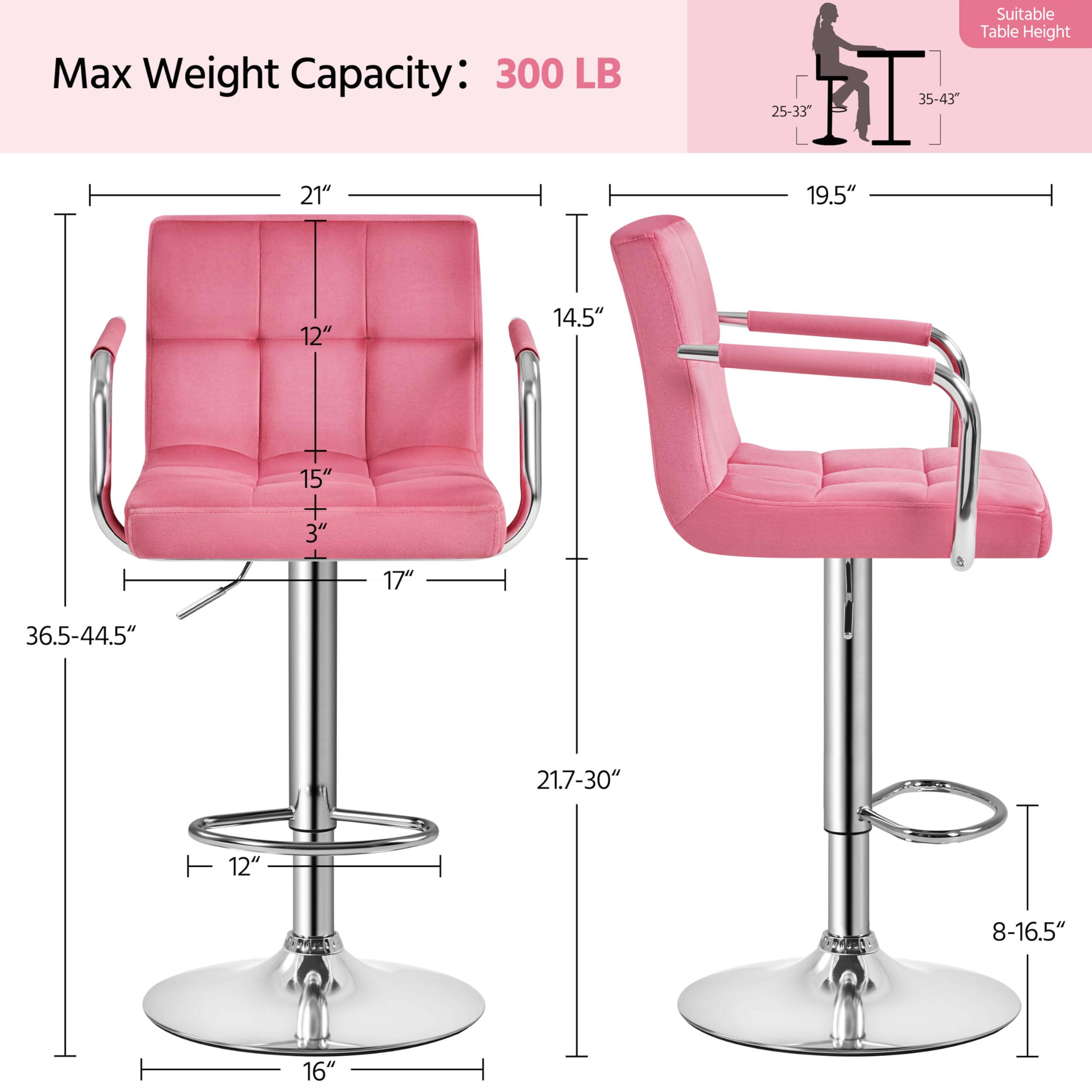 Yaheetech Counter Height Bar Stools Set Of 2 Velvet Swivel Barstools For Kitchen Stool Height Adjustable Counter Stool Barstools With Armrest, Velvet, Pink