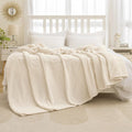 Miulee Fleece Blanket Queen Size 90'X90' 300Gsm Super Soft Lightweight Plush Striped Blanket, Cream White Warm Cozy Breathable