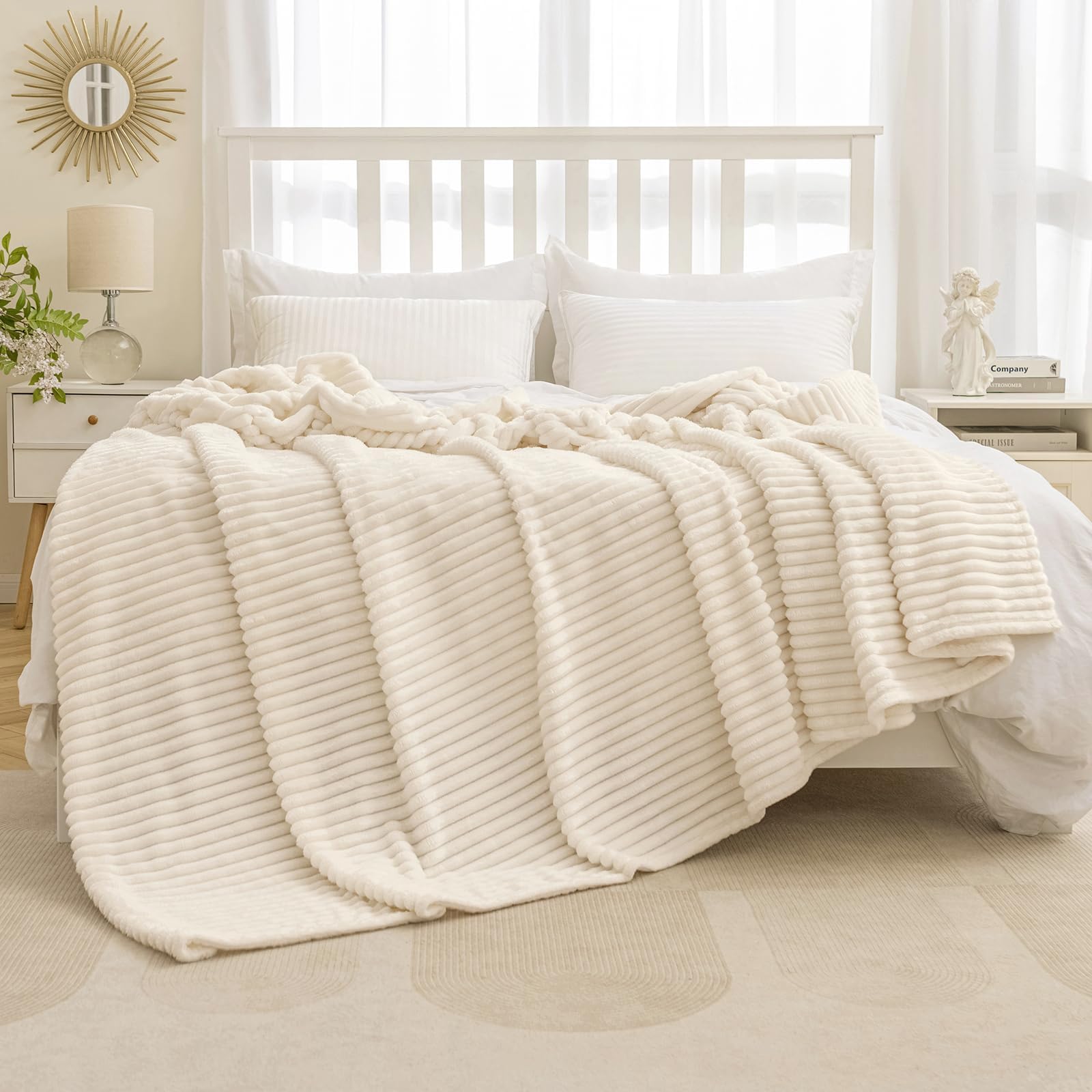 Miulee Fleece Blanket Queen Size 90'X90' 300Gsm Super Soft Lightweight Plush Striped Blanket, Cream White Warm Cozy Breathable