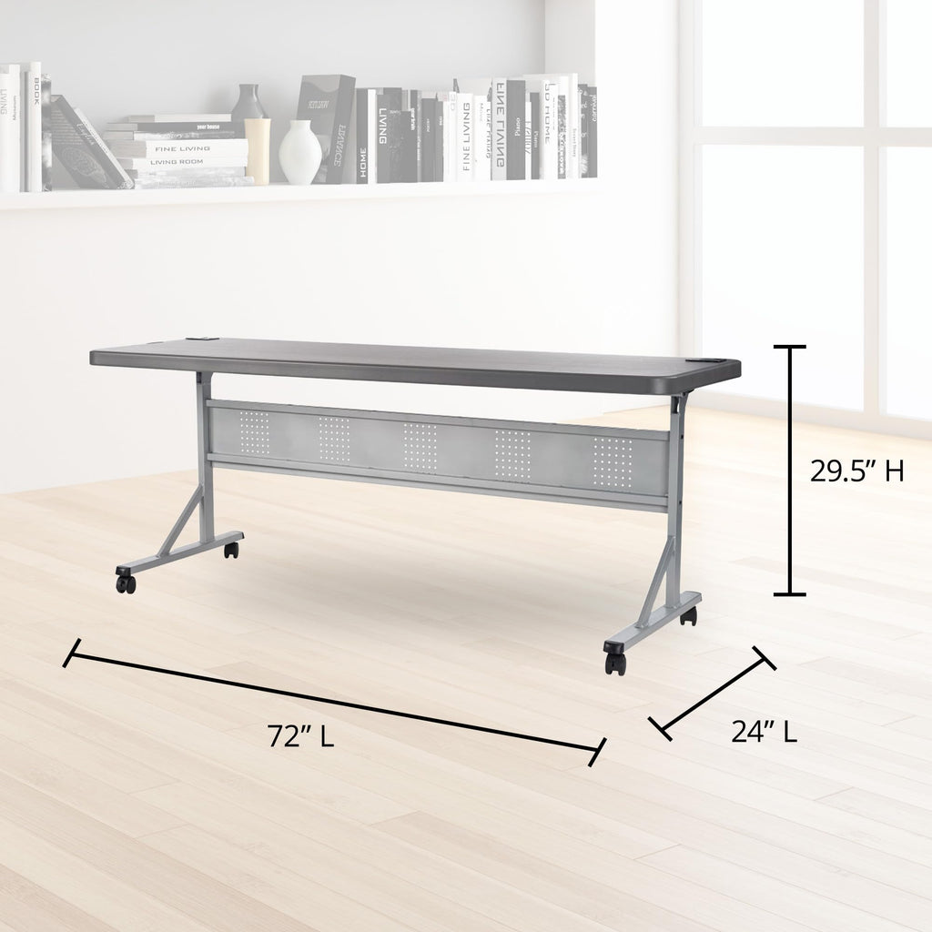 National Public Seating 24" x 72" Flip-N-Store Portable Lightweight Rolling Conference Training Table with 2 Grommet Holes - Charcoal Slate