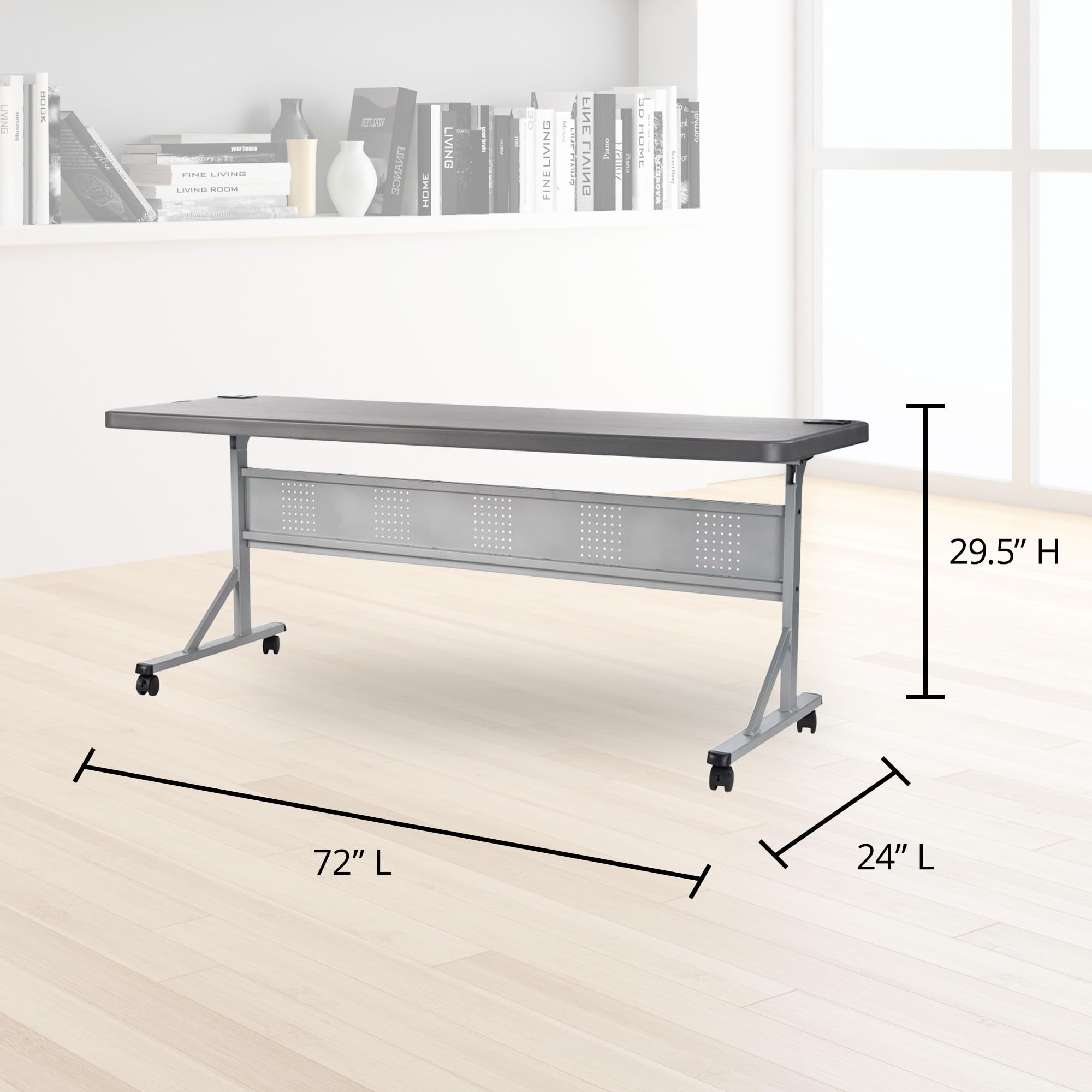 National Public Seating 24" x 72" Flip-N-Store Portable Lightweight Rolling Conference Training Table with 2 Grommet Holes - Charcoal Slate