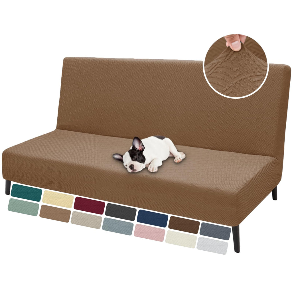 Znsayotx Armless Futon Covers Full Size (67'-82') Stretch Jacquard Sofa Bed Slipcovers, Striped Queen Futon Cover With Non-Slip Elastic Bottom, Soft Cozy Futon Mattress Cover Washable (Light Coffee)