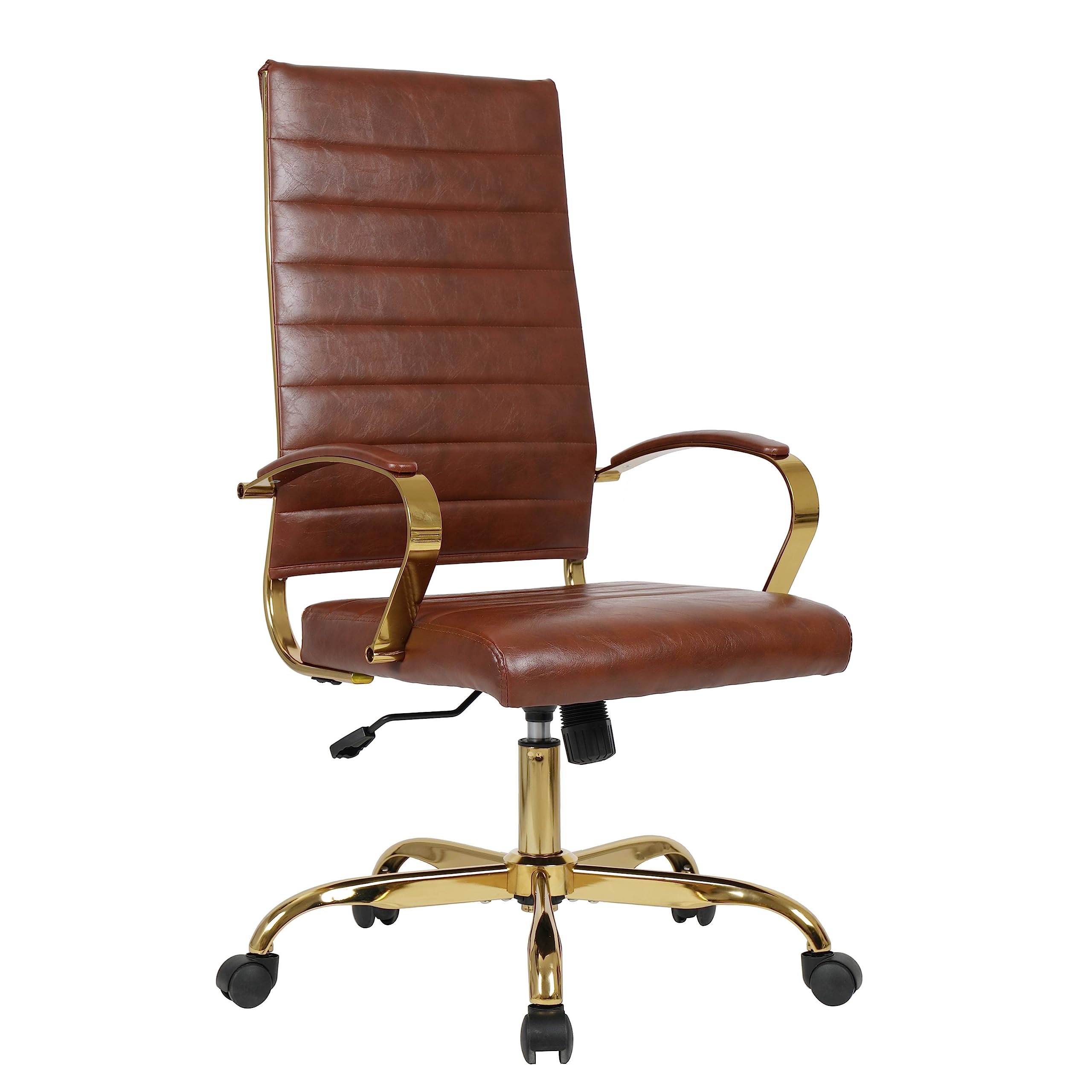 LeisureMod Benmar High-Back Brown Leather Office Desk Chair Ergonomic Executive Chair with Adjustable Swivel, Gold Frame with Cu