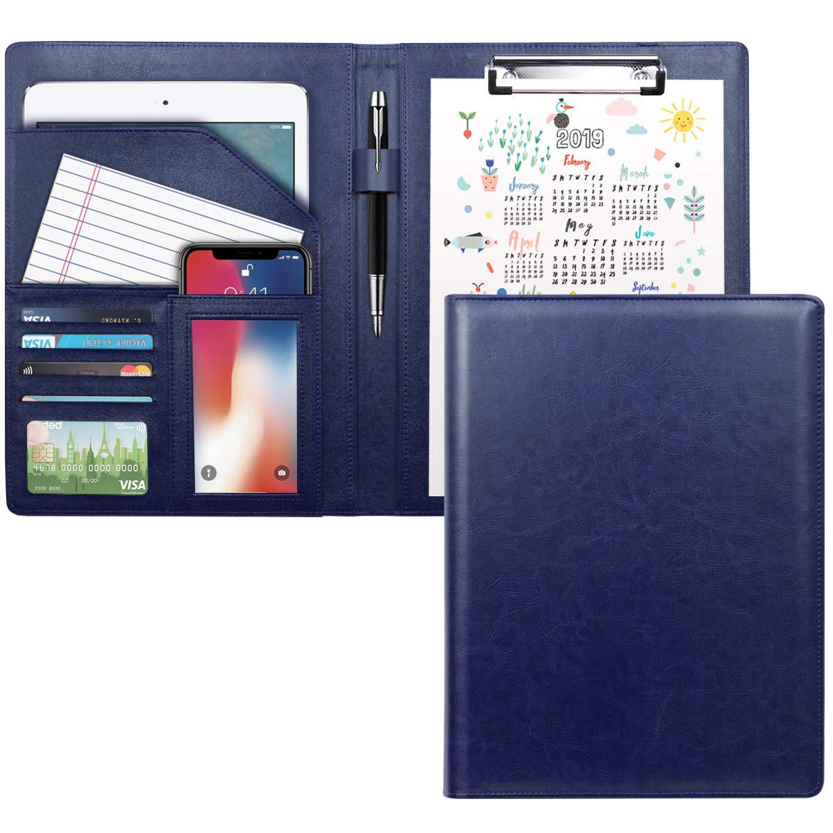 Waveyu Padfolio Clipboard Folder Portfolio, Faux Leather Storage Clipboard With Cover For Letter Size A4 Writing Pad Pen Holderf