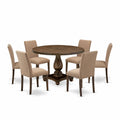 East West Furniture I2AB7-747 7 Piece Dining Set Consist of a Round Dining Room Table with Pedestal and 6 Light Sable Linen Fabric Upholstered Parson Chairs, 48x48 Inch, Distressed Jacobean