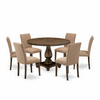 East West Furniture I2AB7-747 7 Piece Dining Set Consist of a Round Dining Room Table with Pedestal and 6 Light Sable Linen Fabric Upholstered Parson Chairs, 48x48 Inch, Distressed Jacobean