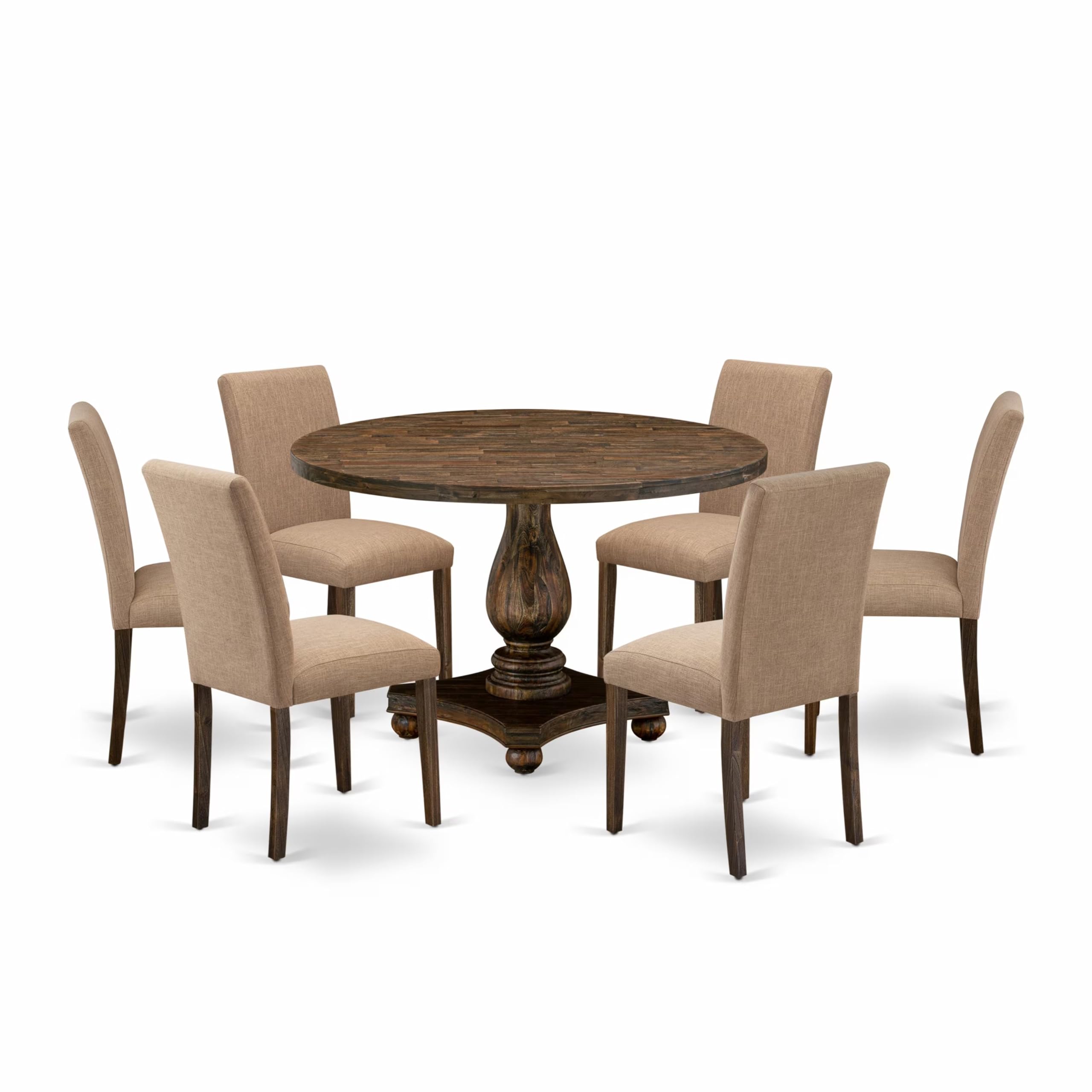East West Furniture I2AB7-747 7 Piece Dining Set Consist of a Round Dining Room Table with Pedestal and 6 Light Sable Linen Fabric Upholstered Parson Chairs, 48x48 Inch, Distressed Jacobean