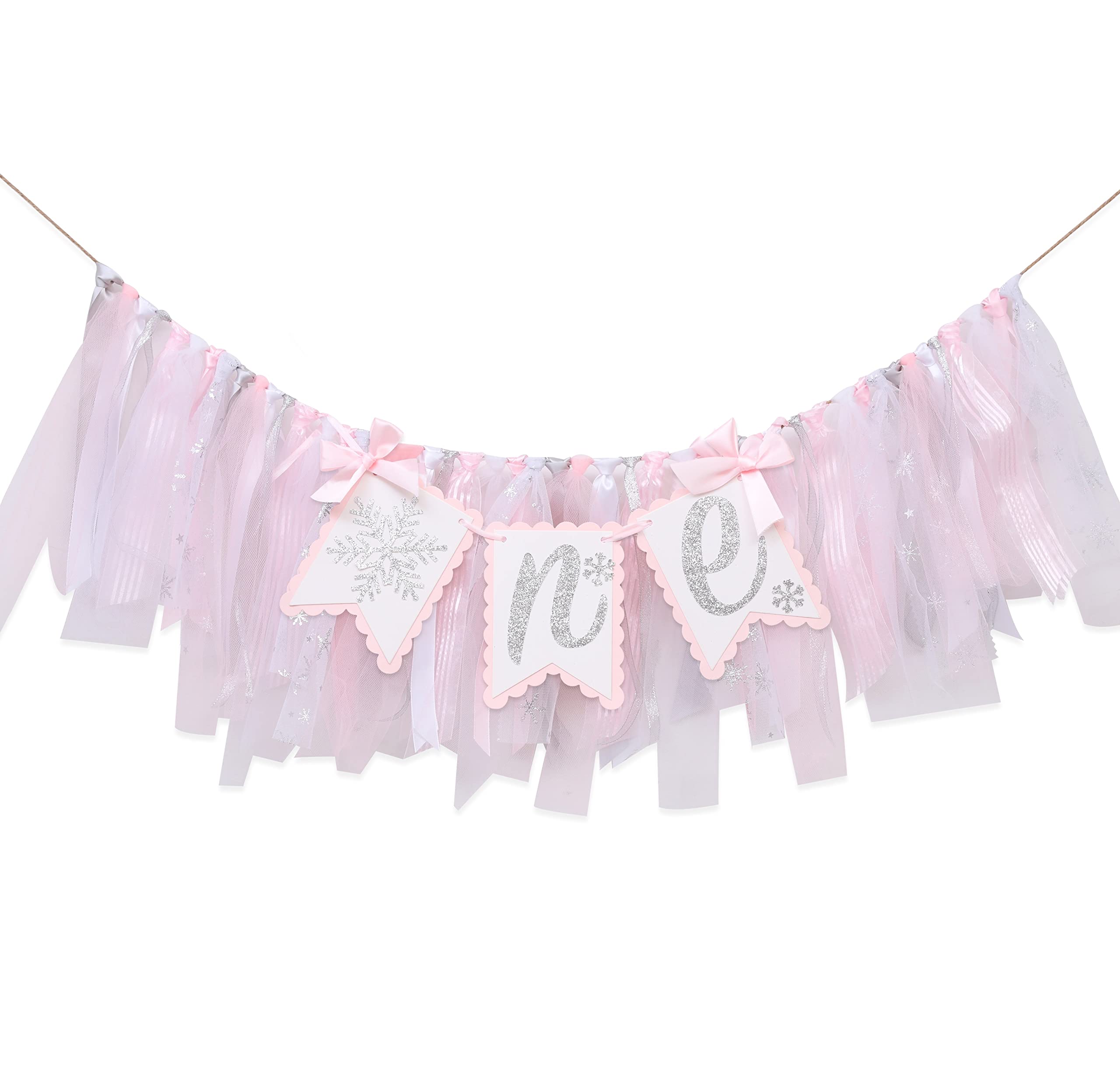 Winter Onederland High Chair Banner For 1St Birthday - Snowflake Highchair Banner, Silver Glitter And Pink Tulle Ribbon Banners,