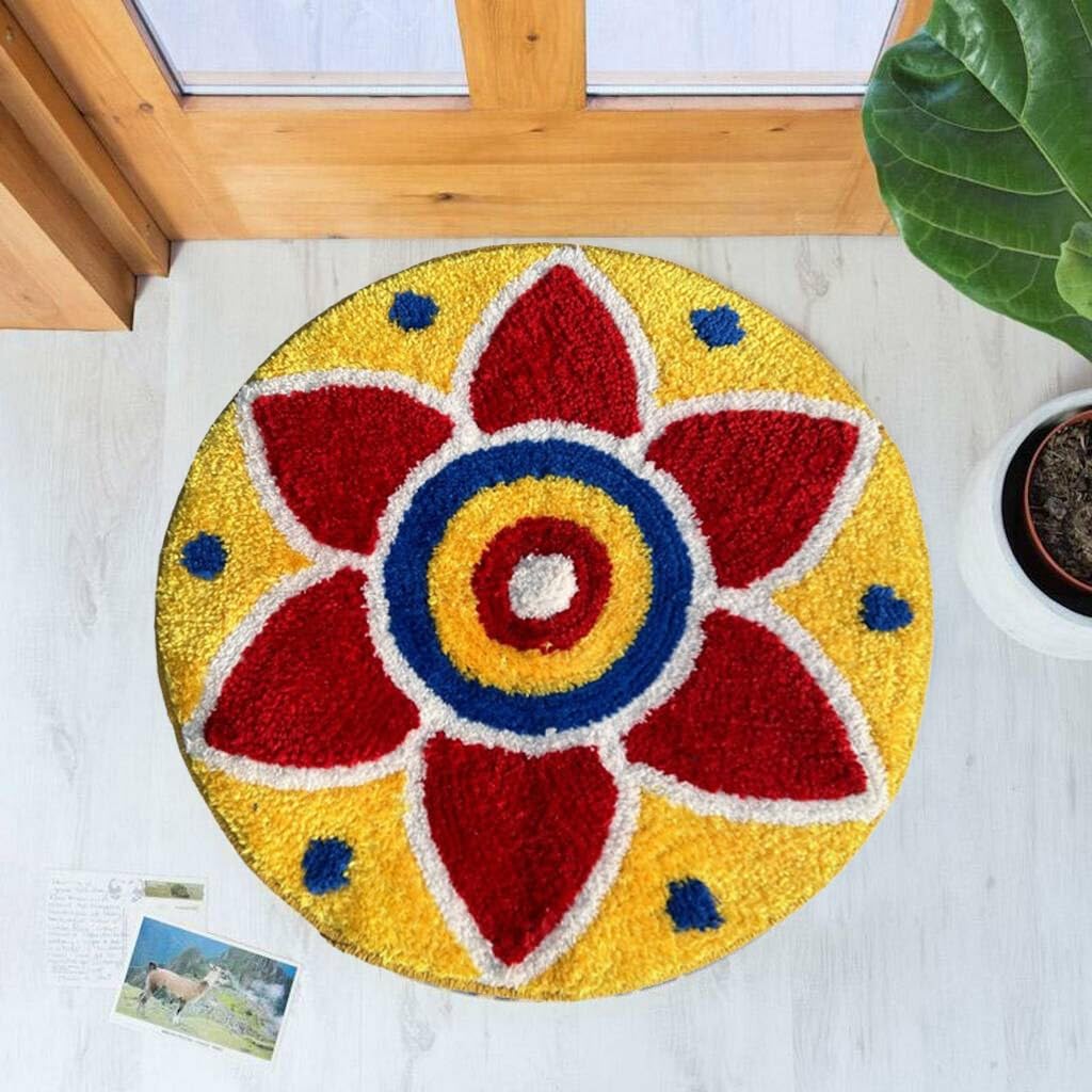 Decorative Round Rangoli Floral Microfiber Fluffy Doormat for Home Entrance| Festival Rangoli Mat| Pooja Mat| Diwali| Living Roo