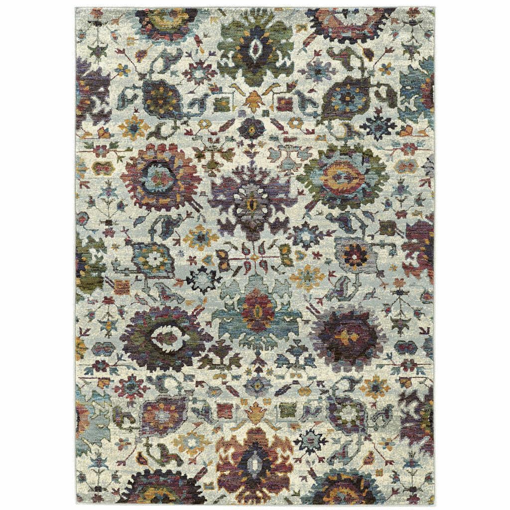 HomeRoots 509977 9 x 12 ft. Stone Gray Purple Green Gold & Teal Oriental Power Loom Stain Resistant Rectangle Area Rug