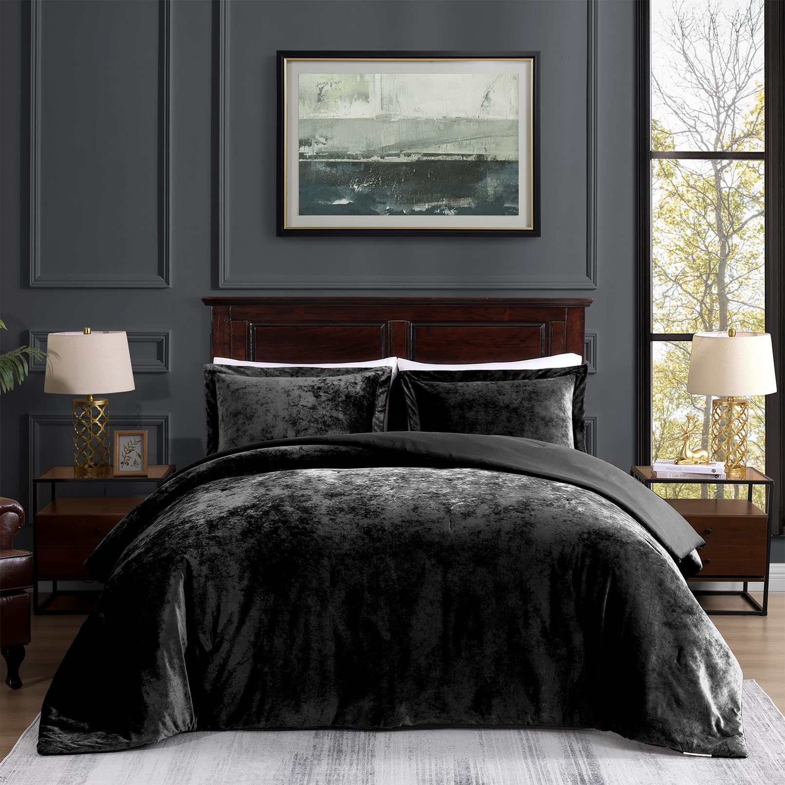 TAMGHO Black Crushed Velvet King Comforter Set - Luxury Soft 3pc Bedding, Oversized 108x96 Comforter & 2 Pillow Shams 20x36