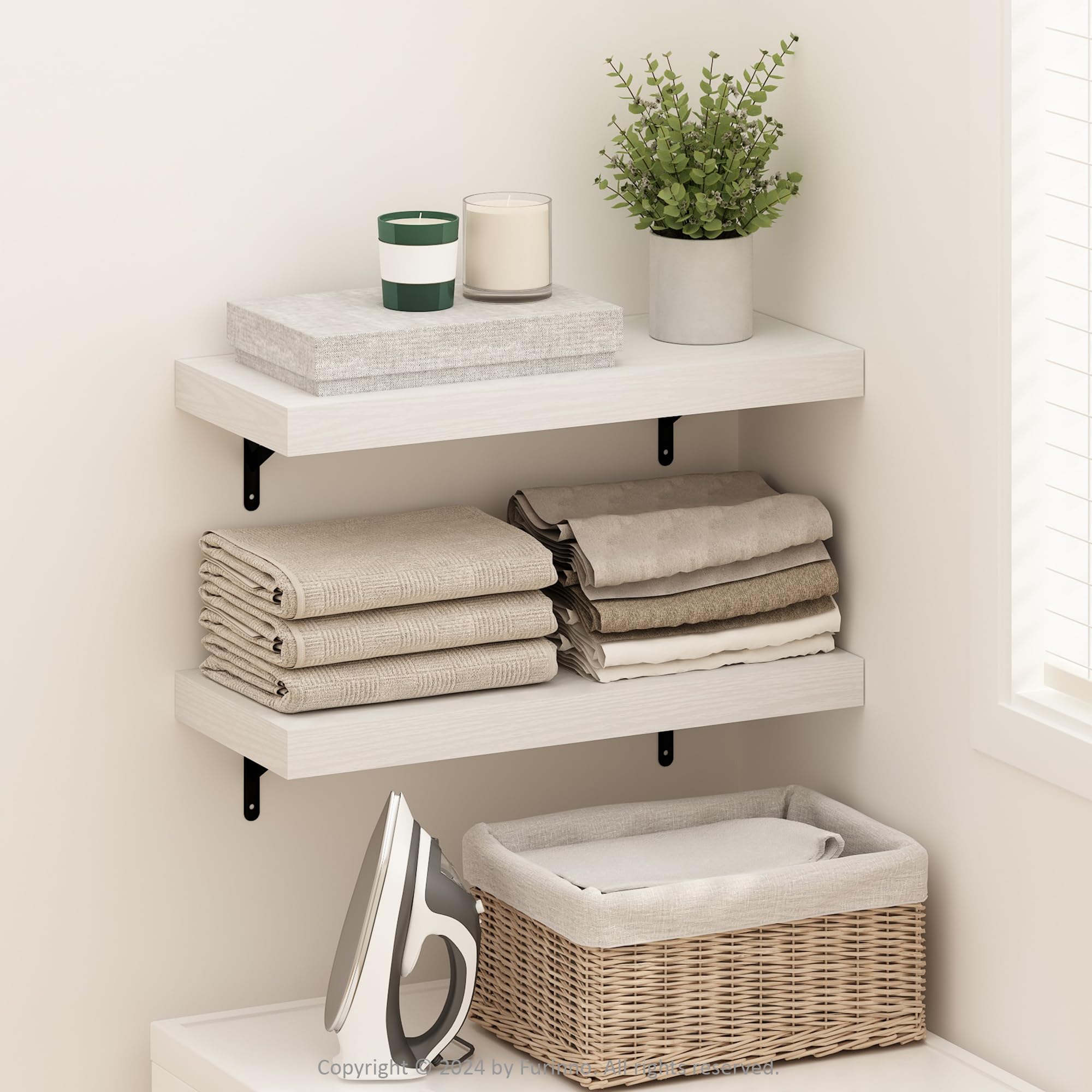 Furinno Tanna 22-Inch Wall Mounted Floating Display Shelves, White Texture, Set of 2