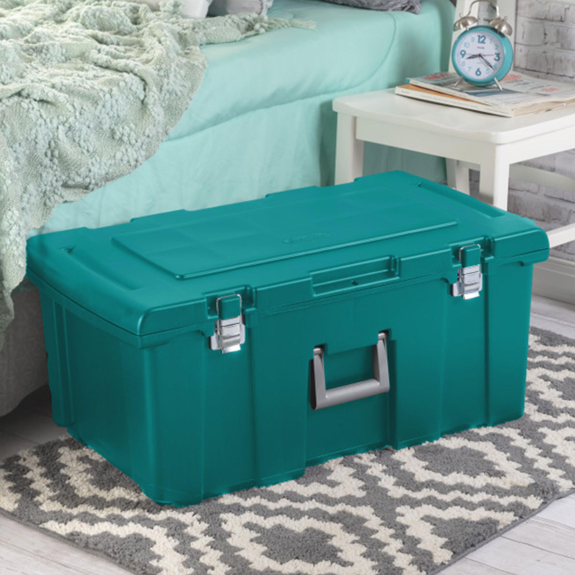 Sterilite 16 Gallon Lockable Storage Tote Footlocker Toolbox Container Box With Wheels, Metal Handles, And Latches, Teal With Gr