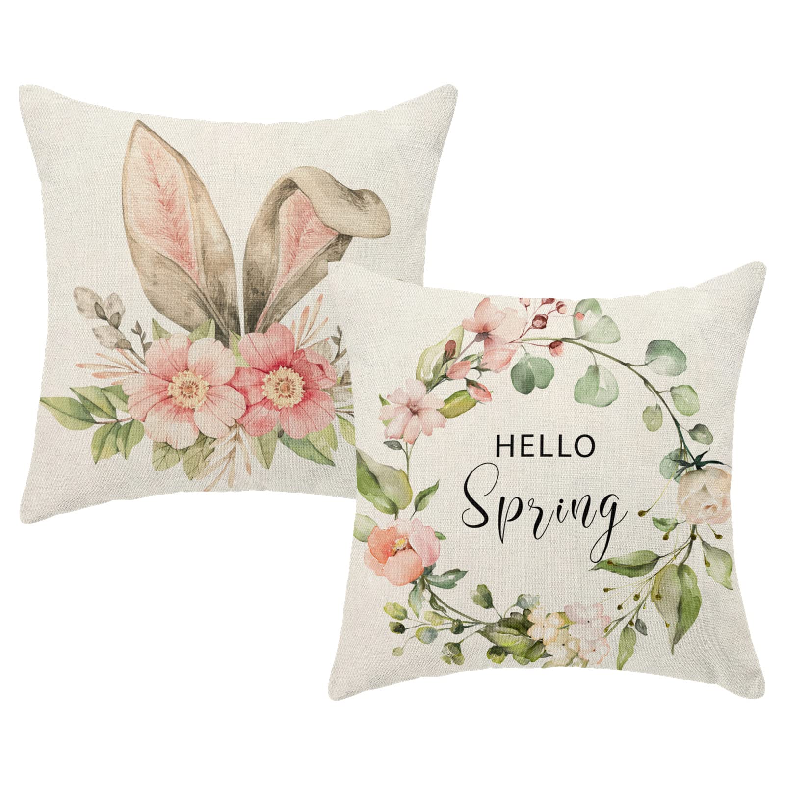 Hello Spring Wreath Pillow Covers 20X20, Easter Bunny Outdoor Decorative Throw Pillows For Couch, Rabbit Floral Decor Cushion Co