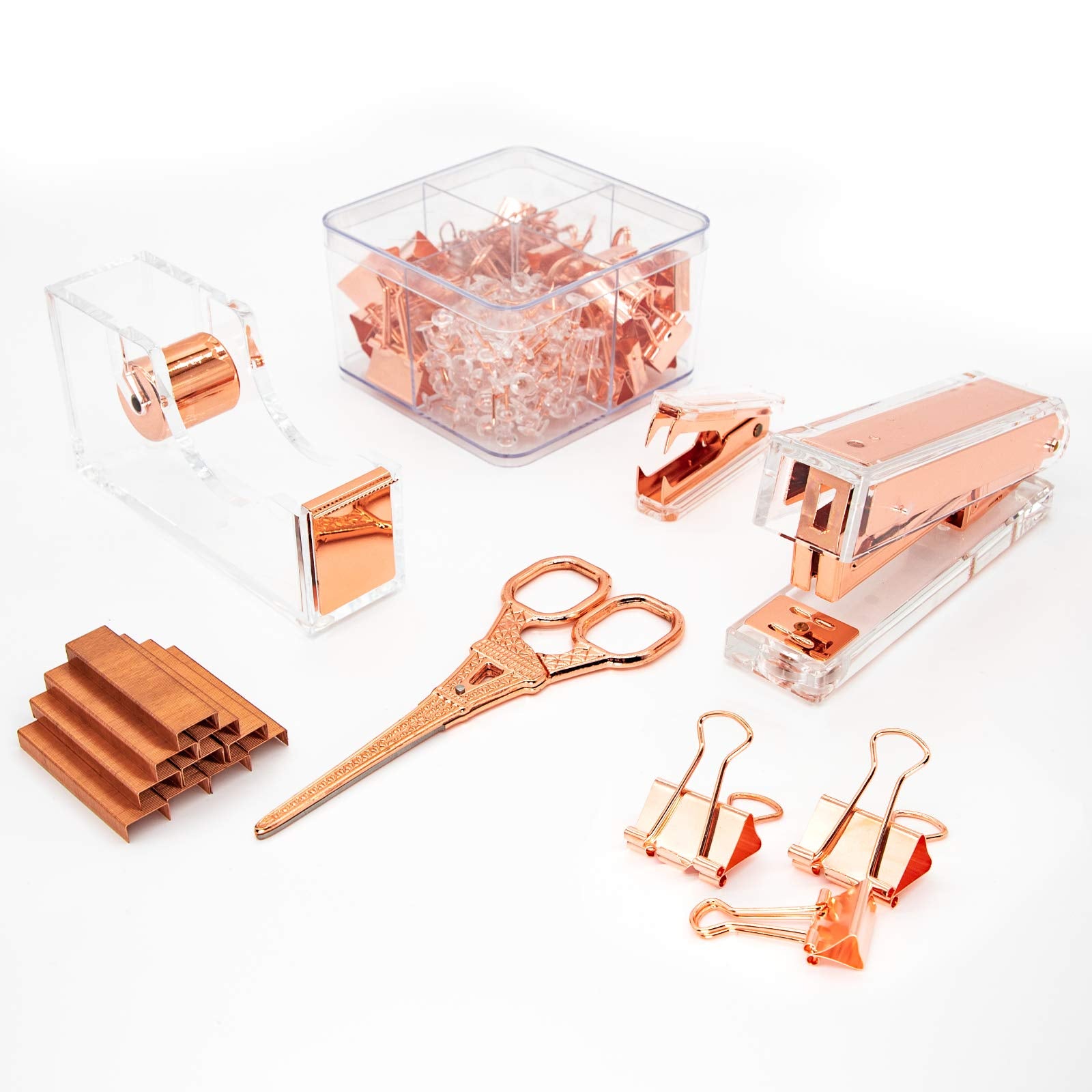 Gutyble Rosegold Office Supplies Set,Package Contains Stapler,Tape Dispenser,Staple Remover,Scissors,Binder Clips,Paper Clips,Pu