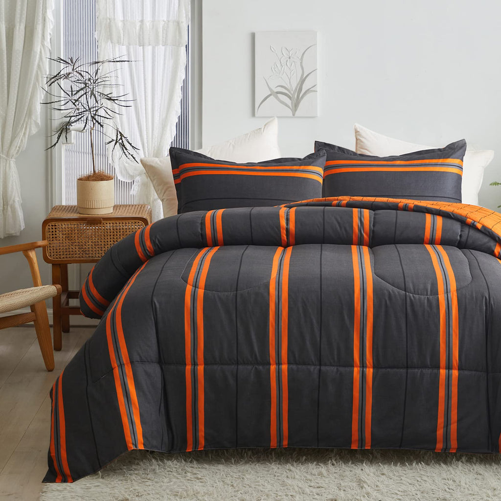 Flysheep 3 Pcs Modern Boho Halloween Comforter Set Full/Queen Size for Women, Bright Orange Striped on Black Dark Grey Soft Micr