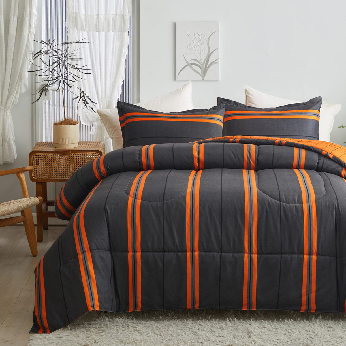 Flysheep 3 Pcs Modern Boho Halloween Comforter Set Full/Queen Size for Women, Bright Orange Striped on Black Dark Grey Soft Micr