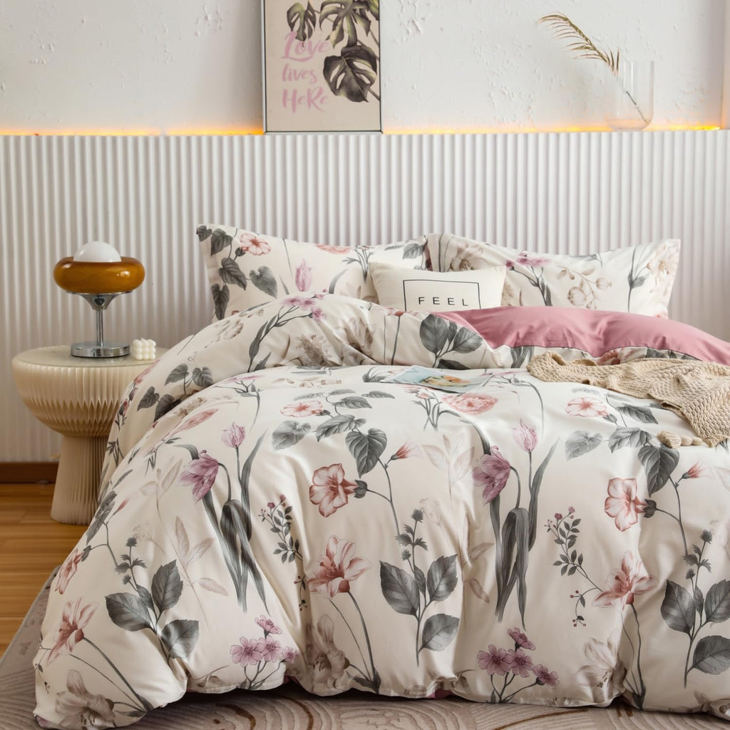 Oaite Duvet Cover Set Twin Size Floral Pattern 600 Thread Count Ultra Soft 100% Long Staple Cotton Duvet Cover Sets 3-Pc, Breath