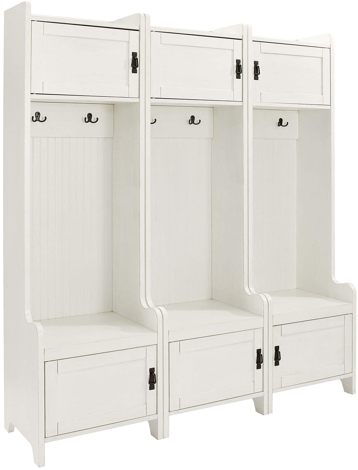 Crosley Furniture Fremont 3-Piece Hall Tree Entryway Set with Storage Cabinets and Coat Rack Hooks, Distressed White