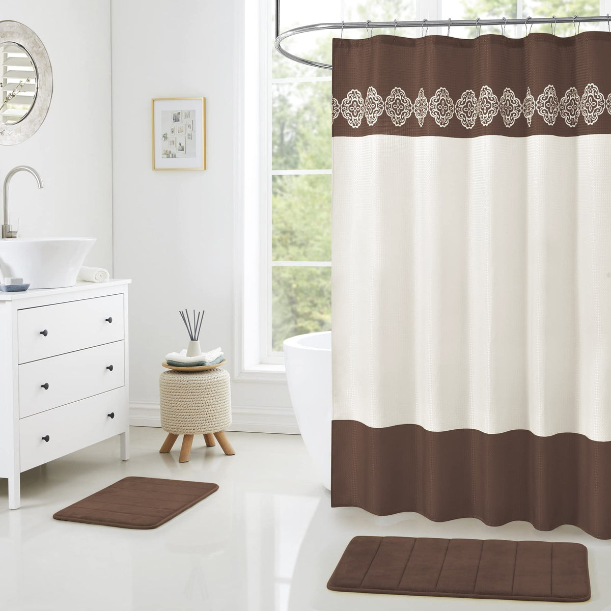 15 Piece Bathroom Shower Curtain set with Memory Foam Bath rugs. 2 Solid coffee brown beige Color Modern Design NoneSlip Bath M
