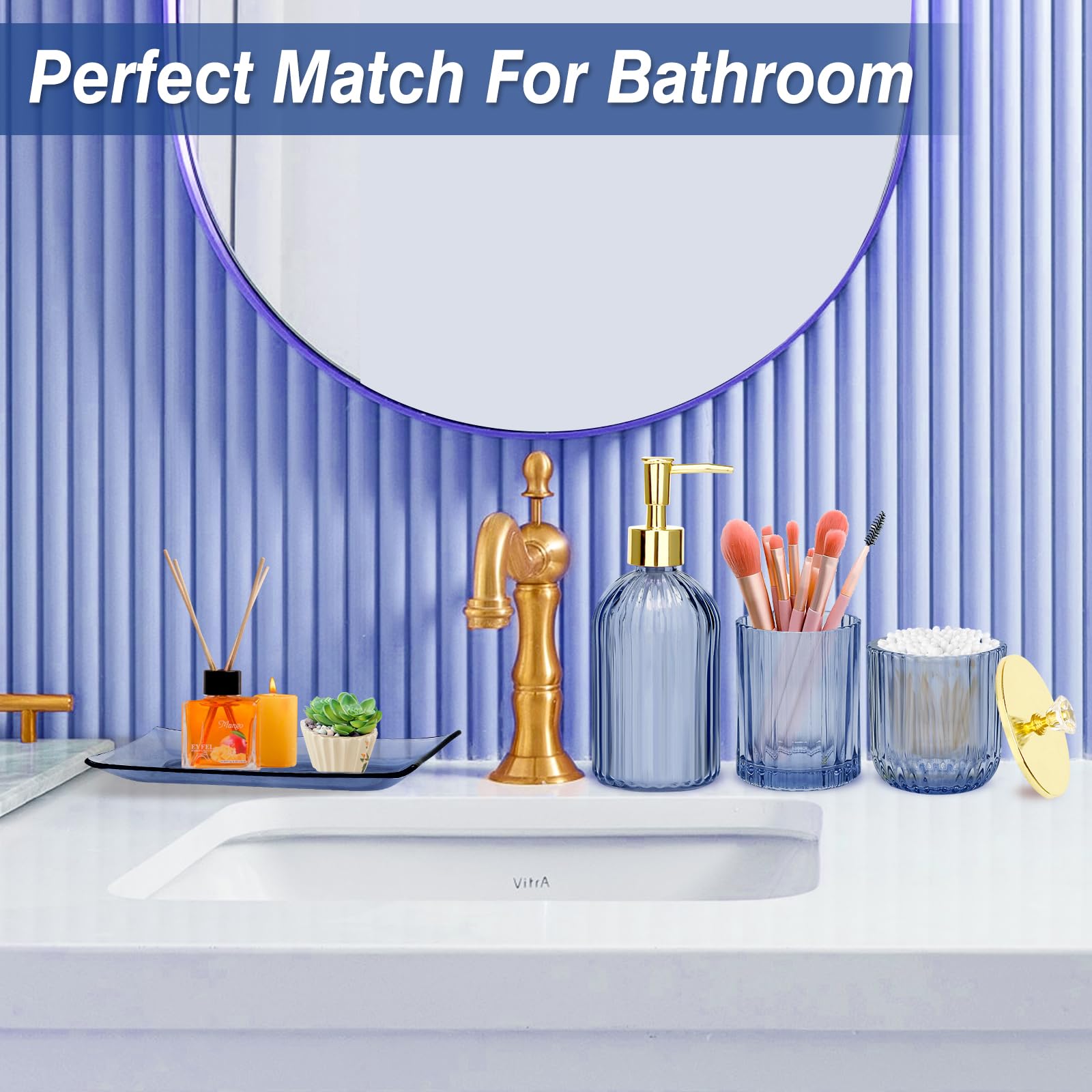 Jenseits Blue Bathroom Accessories, 4 Pcs Glass Bathroom Set Complete Includes Soap Dispenser, Toothbrush Holder, Apothecary Jar