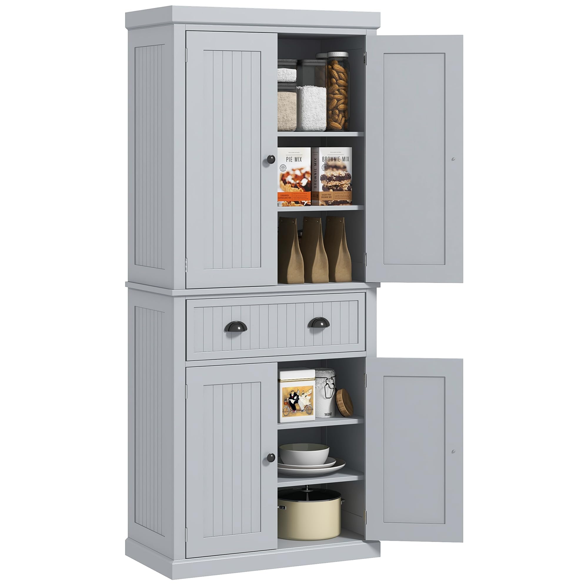 Homcom 72' Traditional Kitchen Pantry Cabinet, Freestanding Tall Storage Cabinet With 4 Doors, Drawer And 3 Adjustable Shelves For Dining Room, Gray