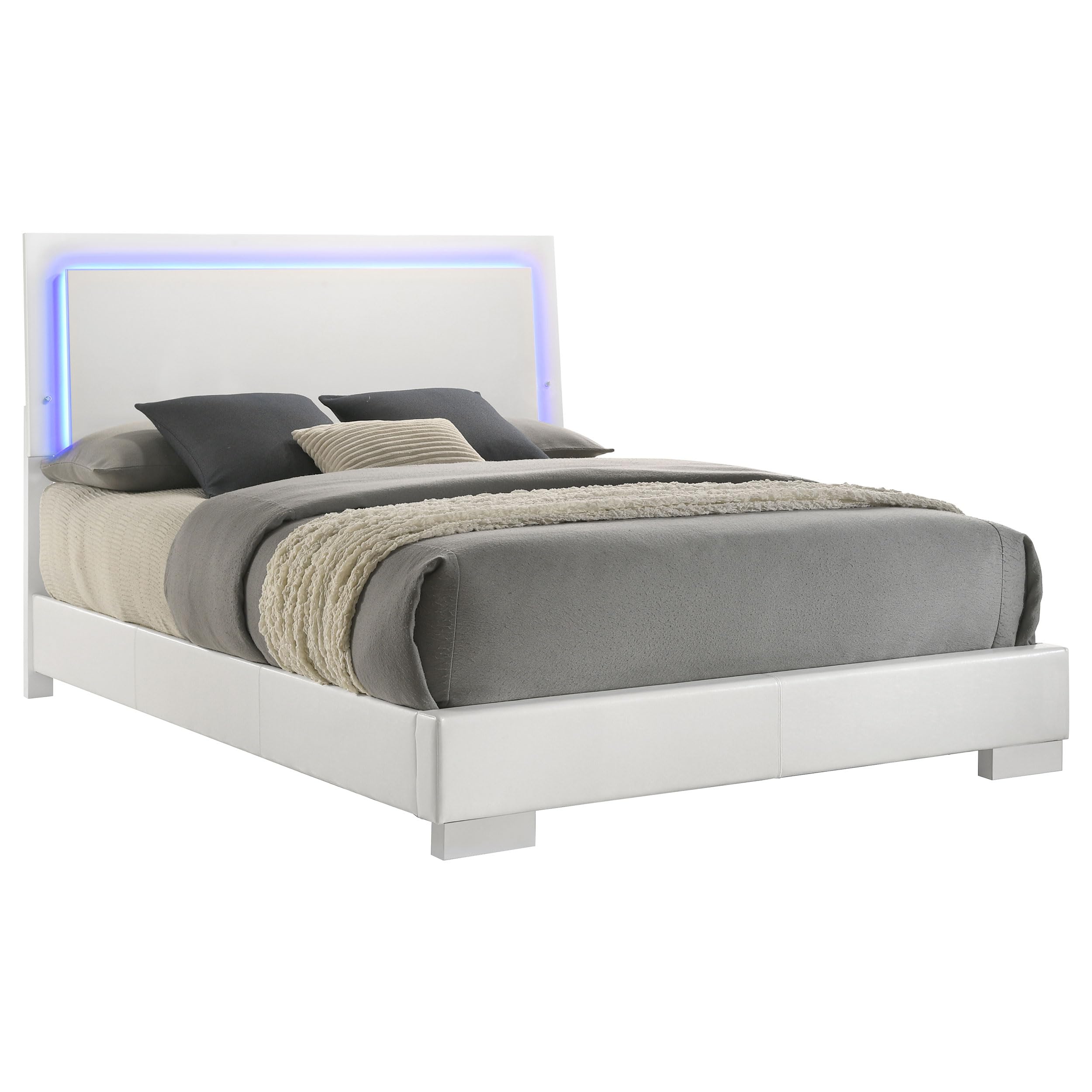 Coaster Home Furnishings Felicity Contemporary Leatherette Upholstered Queen Size LED Panel Bed Frame 49-inch Headboard White High Gloss 203500Q