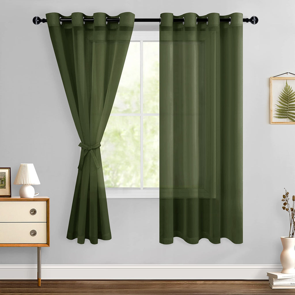 Hiasan Sheer Curtains For Living Room With Tieback, Airy Breathable Voile Textured Drapes Light Filtering Grommet Window Curtains For Bedroom, Kids' Room, Olive Green, W52 X L72, 2 Panels