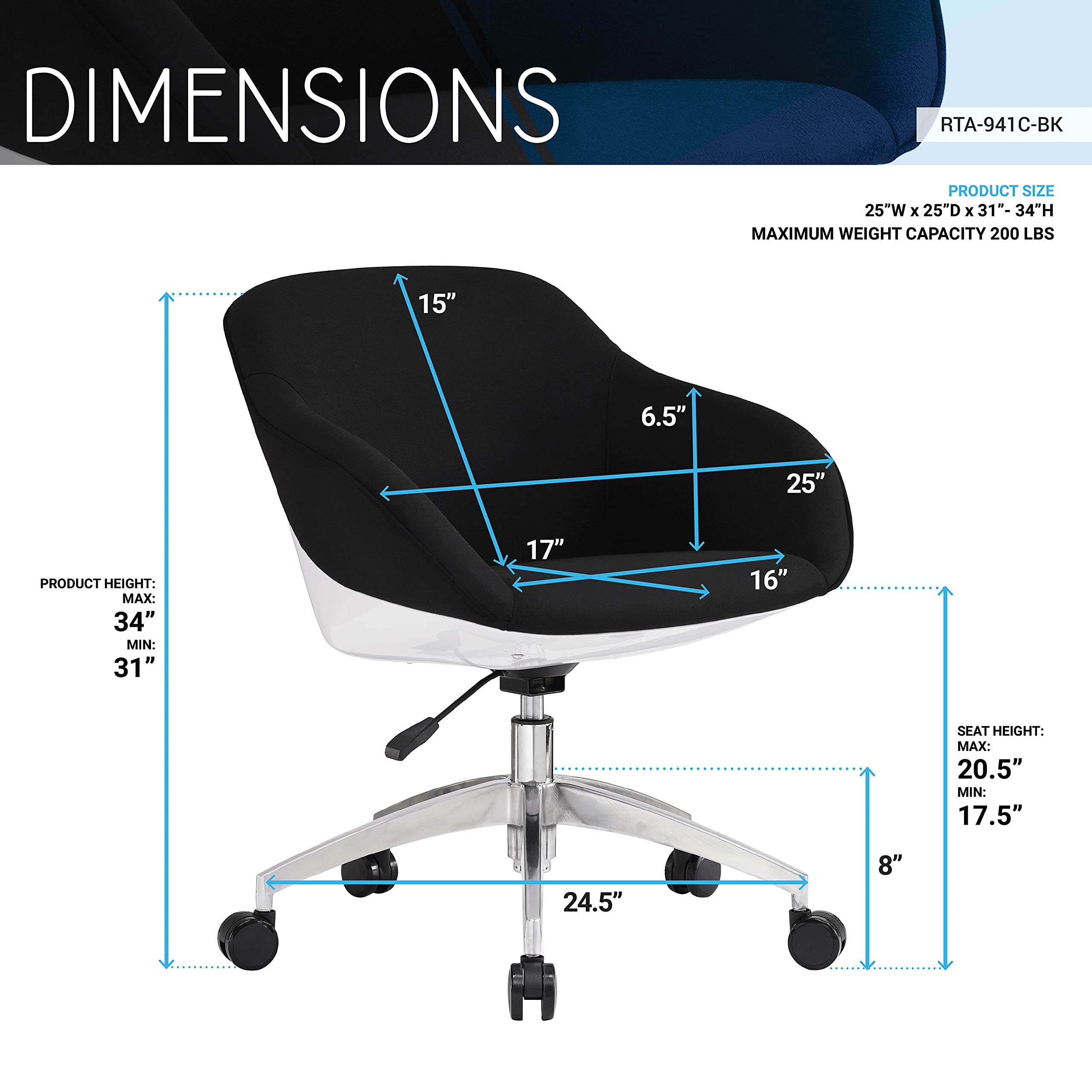 Techni Mobili Upholstered Task Chair with Lumbar Support, Height Adjustable Office Chair with Tilt Control and 360 Degree Swivel