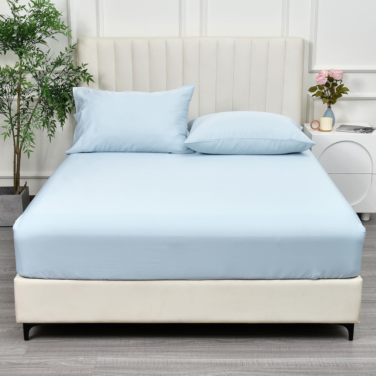 PHF 100% Rayon Derived from Bamboo Cooling Fitted Sheet King Size for Hot Sleeper, 16'' Deep Pocket, 2.5cm Wider Strong Elastic 