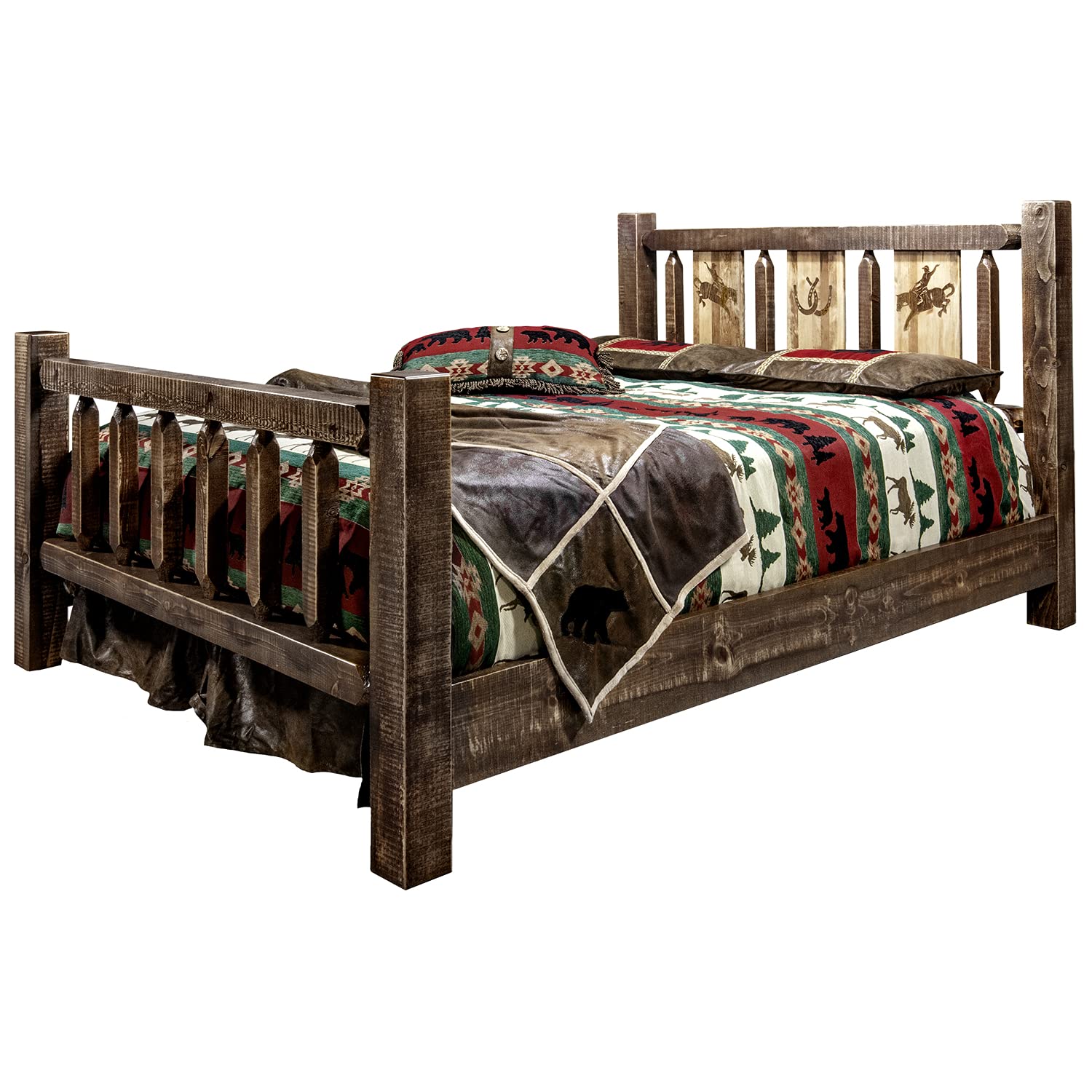 Montana Woodworks Homestead Collection Full Bed w/Laser Engraved Bronc Design, Stain & Clear Lacquer Finish