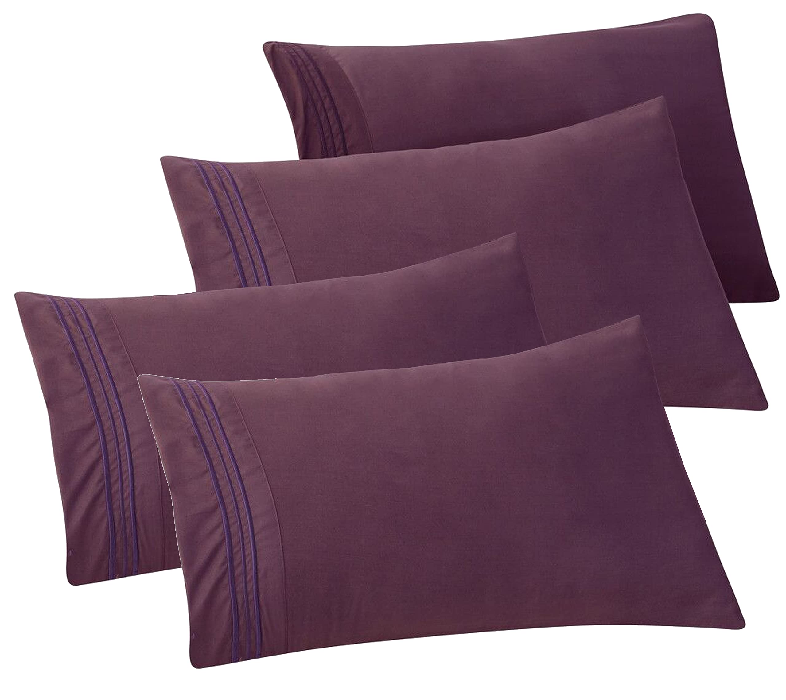 Elegant Comfort 4-Pack Solid Pillowcases 1500 Thread Count Egyptian Quality - Easy Care, Smooth Weave, Wrinkle And Stain Resistant, Easy Slip-On, 4-Piece Set, Standard/Queen Pillowcase, Purple