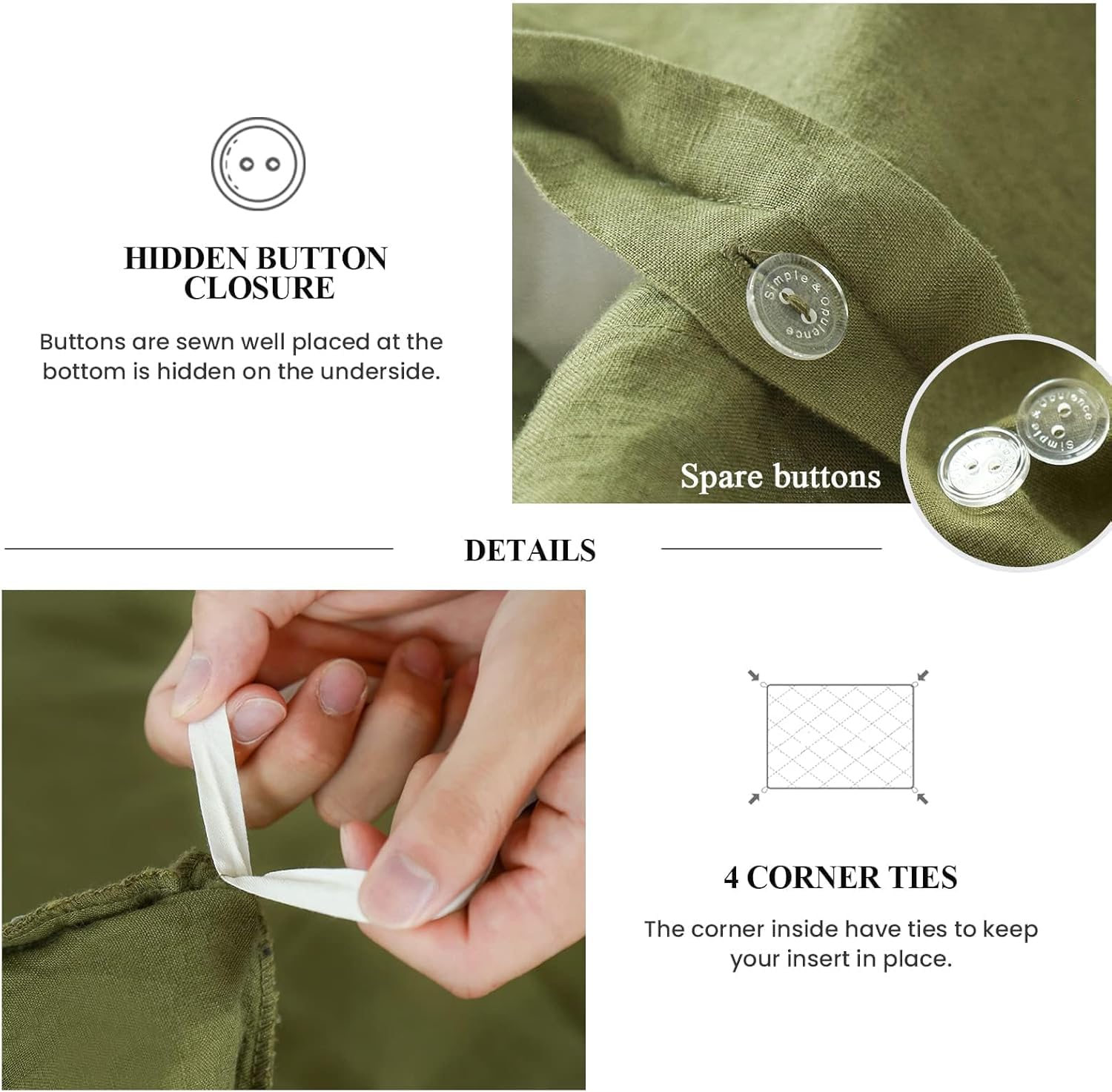 Simple&Opulence 100% Linen Duvet Cover Set, 2 Pcs Pure Natural French Flax Olive Green Duvet Cover Twin Size, Breathable Soft Co
