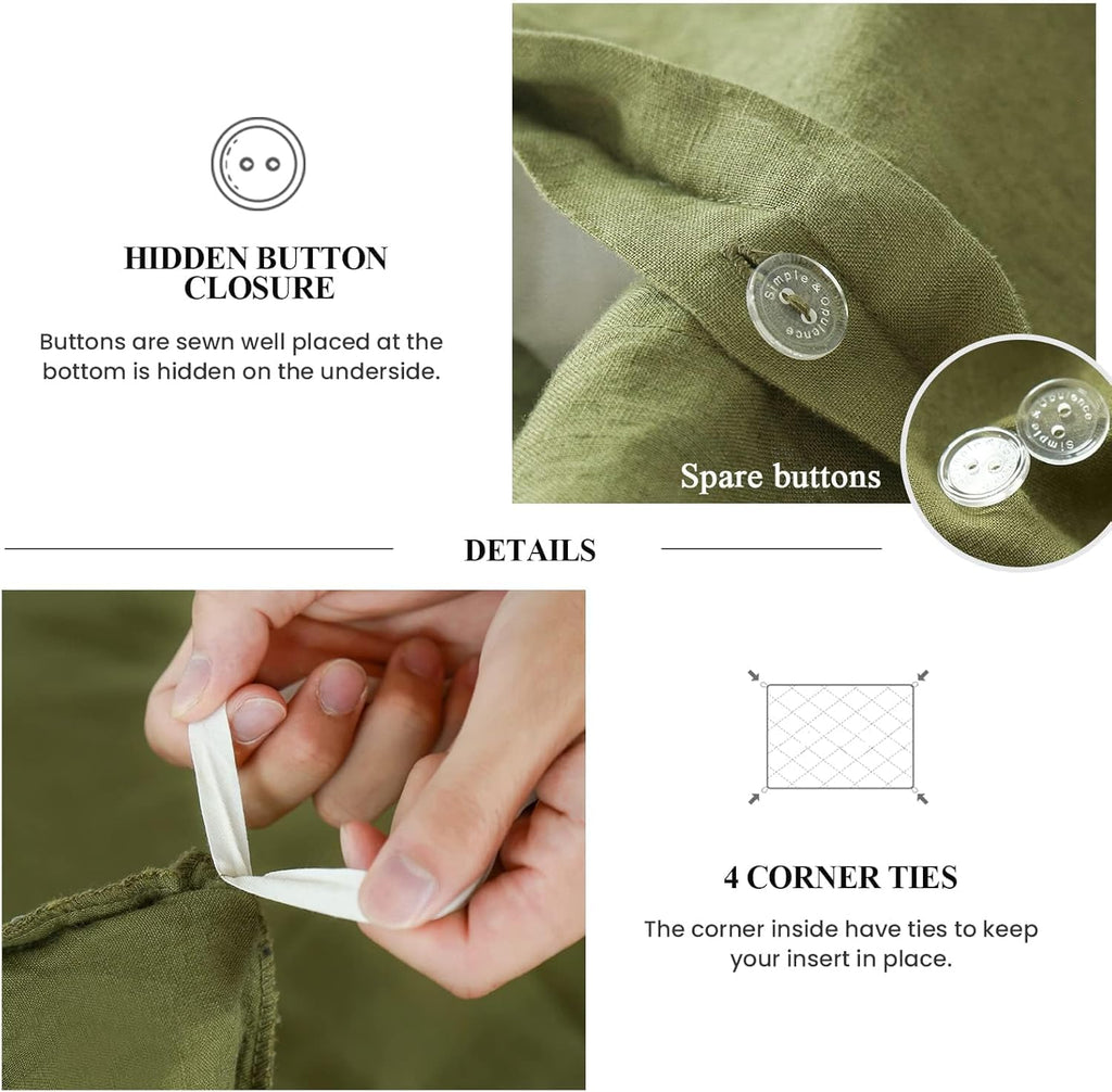 Simple&Opulence 100% Linen Duvet Cover Set, Pure Natural French Flax Olive Green Duvet Cover Twin Size, Breathable Soft Comfy Li