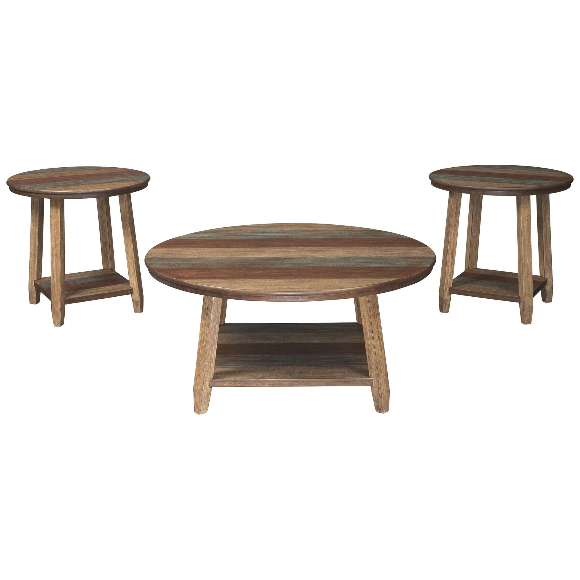 Benjara Rustic Plank Style Round Shape Cocktail And 2 End Tables, Set Of 3, Brown