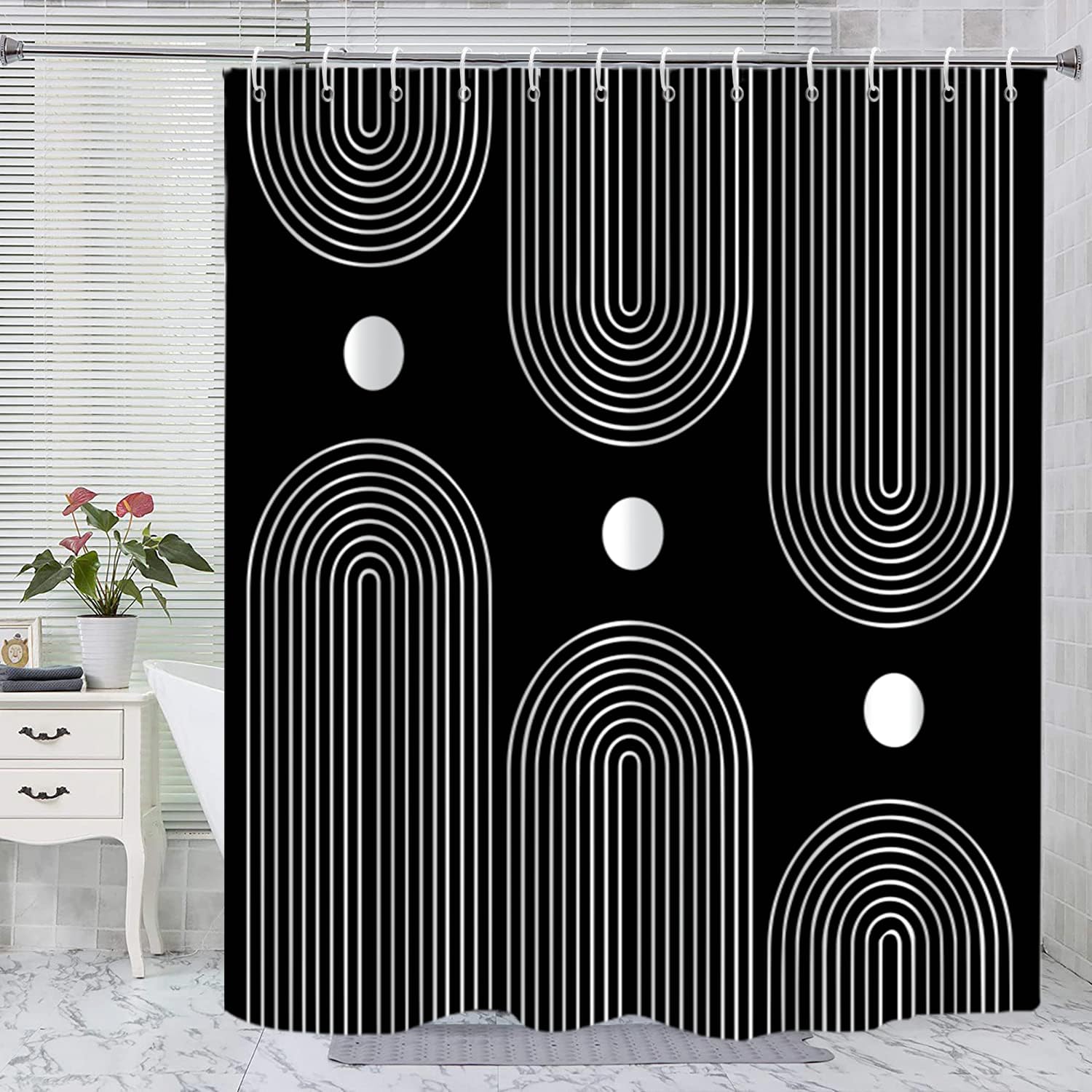 Gkleasg Black And White Shower Curtain, Boho Minimalist Mid Century Modern Arch Geometric Machine Washable Waterproof Fabric For