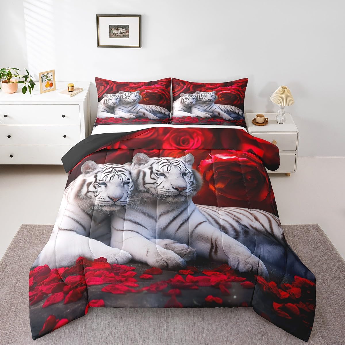 Tiger Comforter Set Twin, Red Rose Down Comforter Kids Girls Women,Red Image Of Large Cat Playing With Water Cool Nature Animal