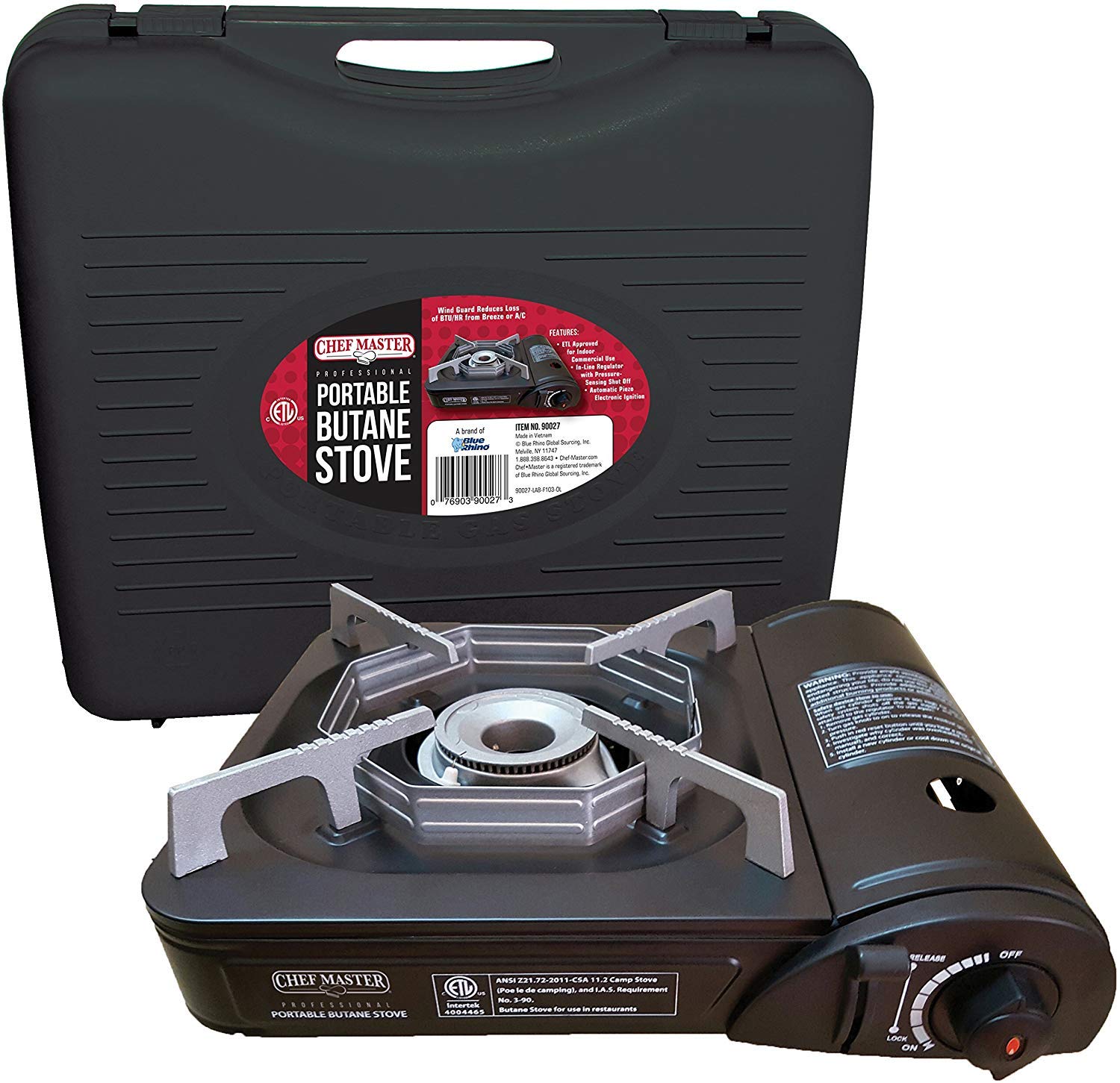 Chef Master Portable Butane Camping Stove, Piezo Ignition 7,650 BTU Output, Wind-Guard Portable Stove Burner with Portable Carry