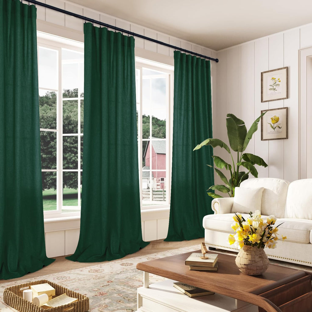Mrs.Naturall Dark Emerald Green Sheer Curtains,Linen Forest Green Living Room Curtains 63 Inch Length Cortinas Verdes Para Sala