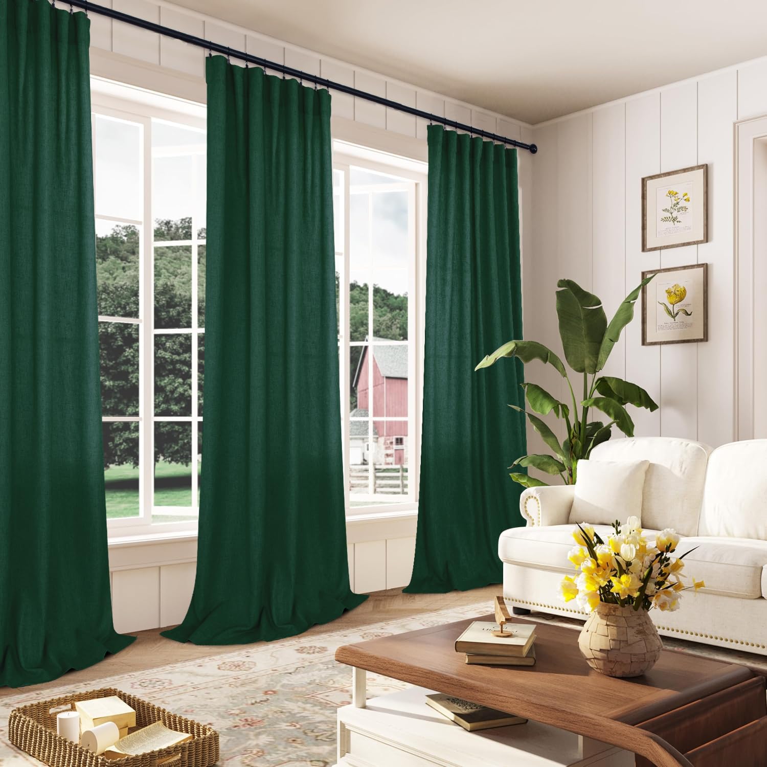 Mrs.Naturall Dark Emerald Green Sheer Curtains,Linen Forest Green Living Room Curtains 63 Inch Length Cortinas Verdes Para Sala