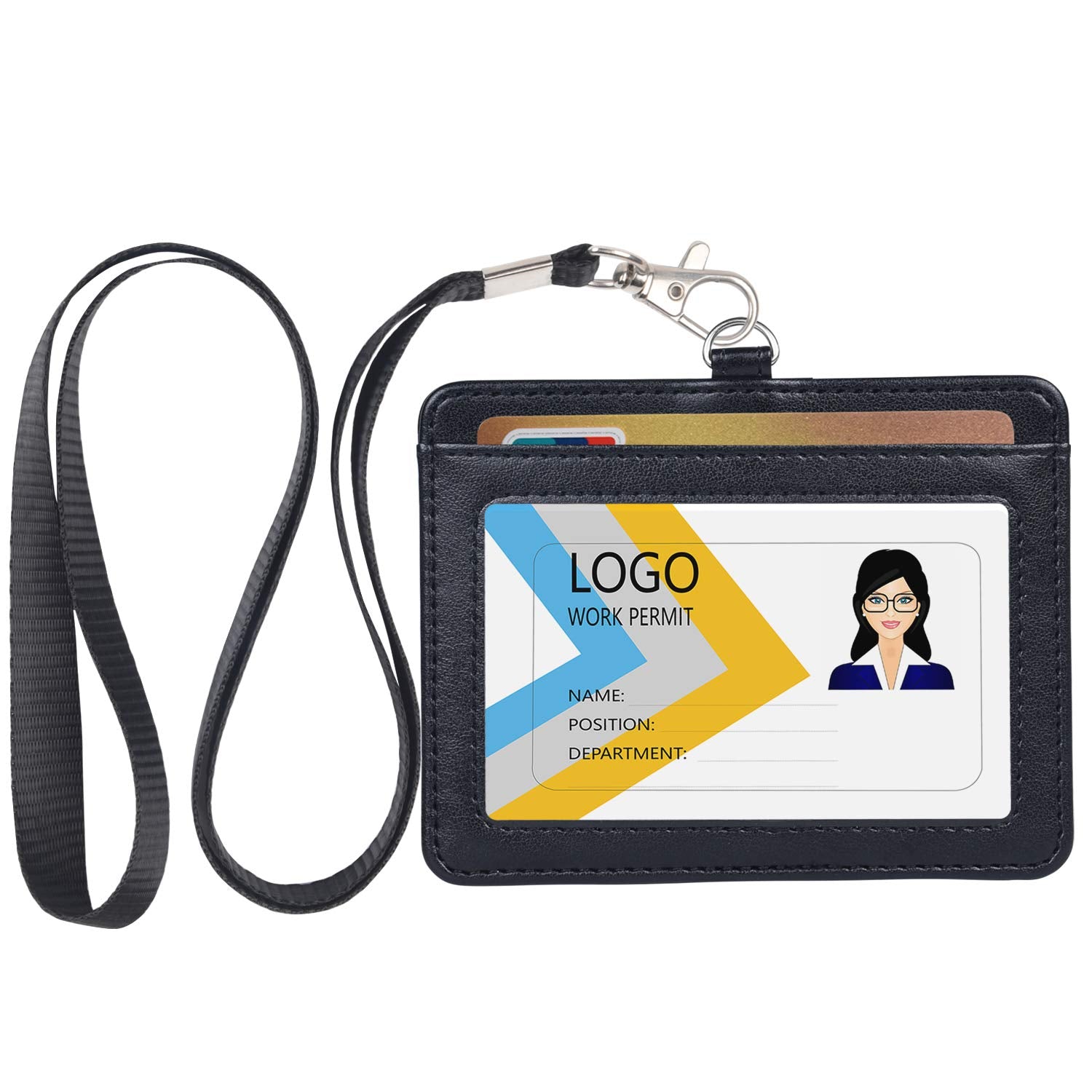 Teskyer Badge Holder With Lanyard, Leather Id Name Badge Card Holder With Lanyard For Id Badges, Horizontal Black