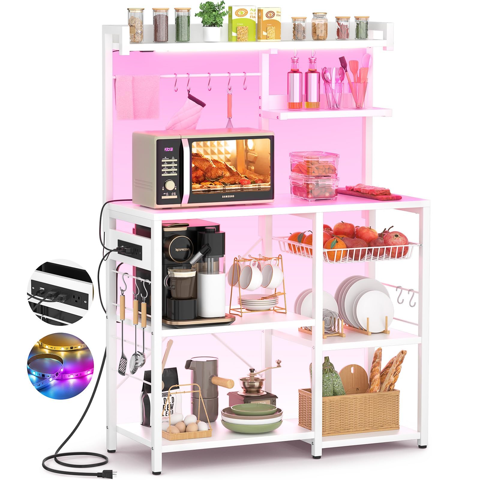 Aheaplus Bakers Rack With Power Outlet And Led Light Strings, Microwave Oven Stand Kitchen Storage Shelf With Wire Basket, Coffe