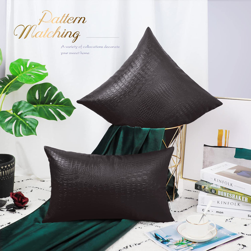 Brawarm Faux Leather Pillow Covers 20 X 20 Inches, Brown Leather Pillow Covers Pack Of 2, Crocodile Leather Decorative Throw Pil