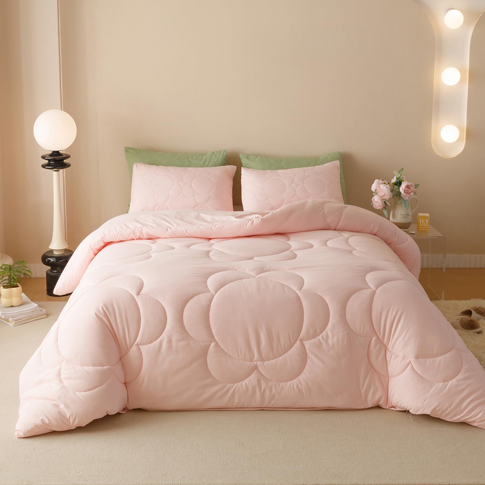 Luxlovery Pink Sunflower Comforter Set Twin Light Pink Floral Quilts Blush Pink Bedding Comforter Set Boho Farmhouse Plain Color