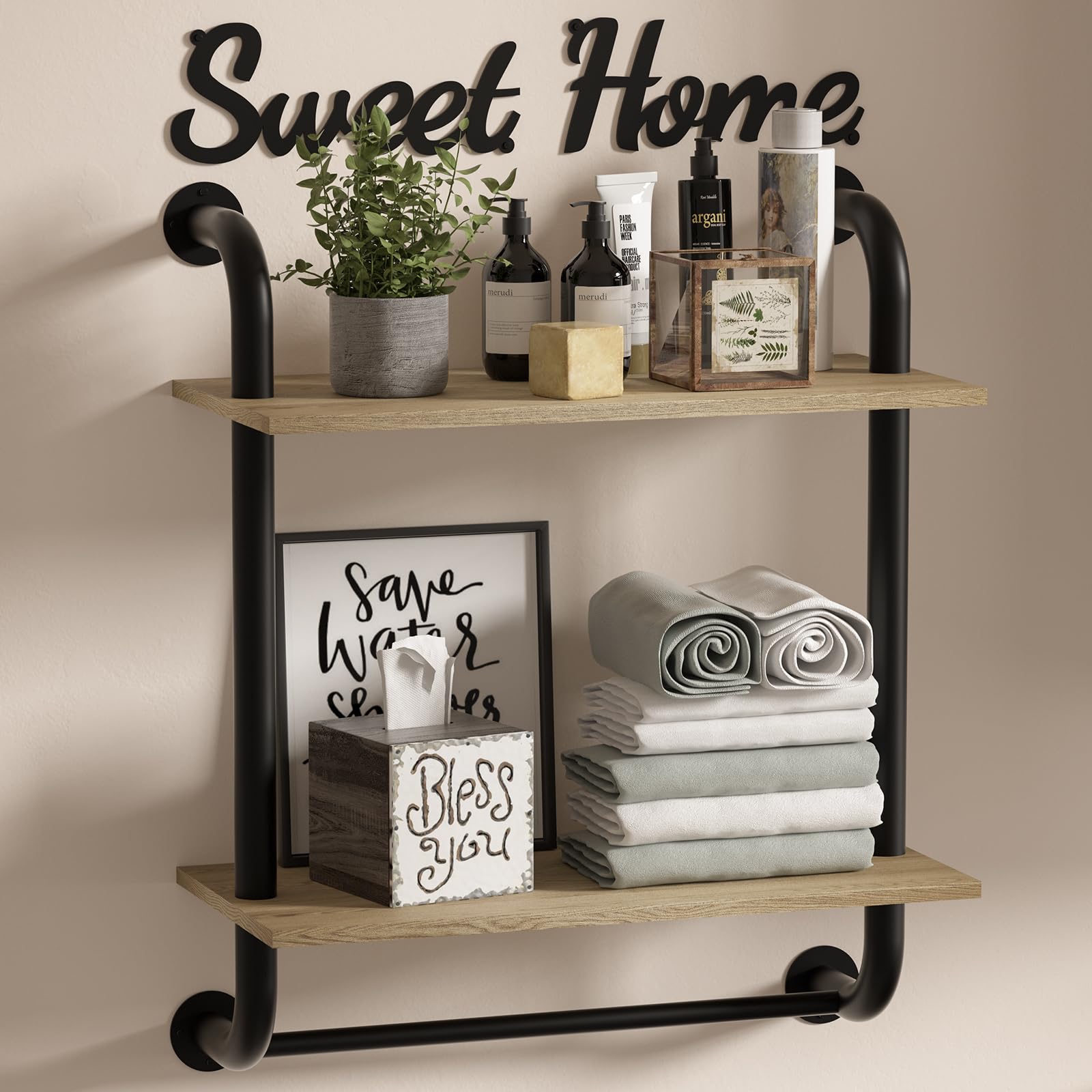Tinpin Bathroom Shelves Wall Mounted, Farmhouse Bathroom Decor, 2-Tier Rustic Industrial Pipe Shelving, Floating Shelves for Bat