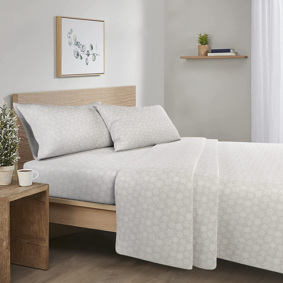 Comfort Spaces Cotton Flannel Breathable Warm Deep Pocket Sheets With Pillow Case Bedding, Queen, Greyaqua Snowflakes 4 Piece