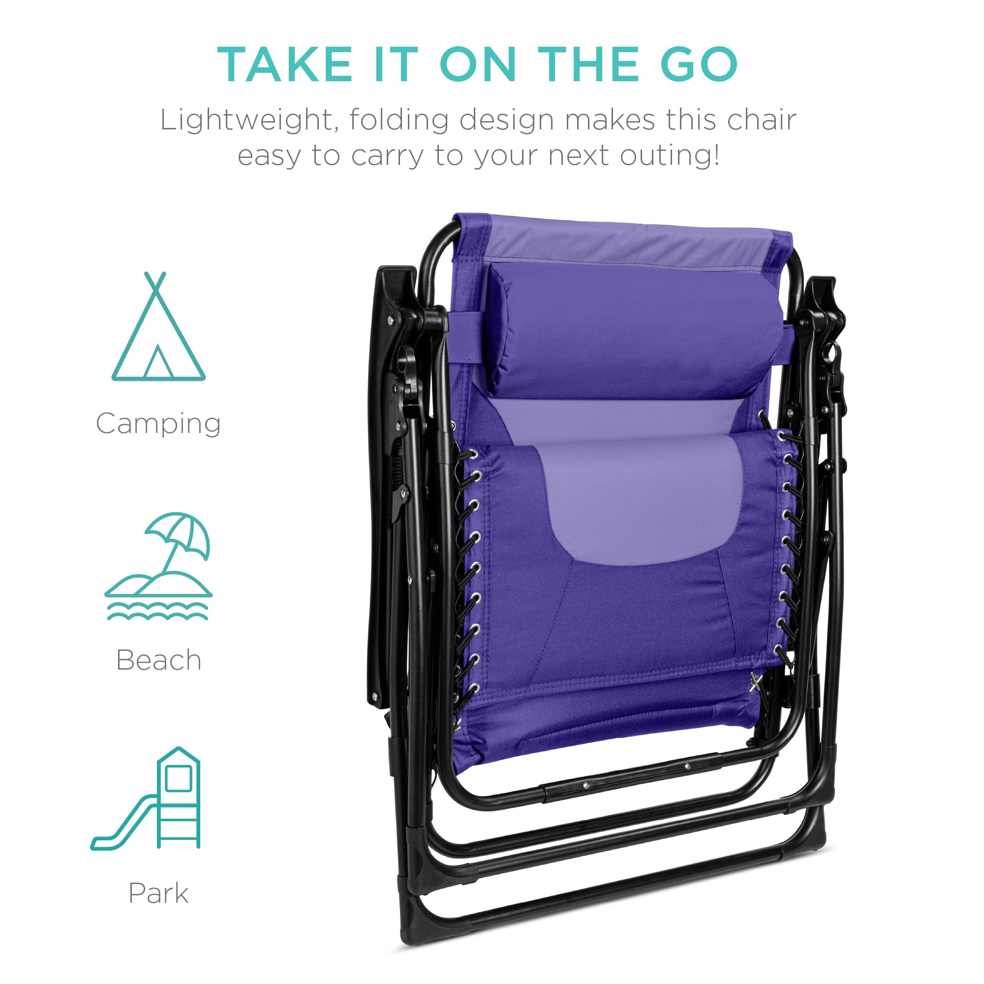 Best Choice Products Oversized Padded Zero Gravity Chair, Folding Outdoor Patio Recliner, Xl Anti Gravity Lounger For Backyard W/Headrest, Cup Holder, Side Tray, Polyester Mesh - Purple/Violet