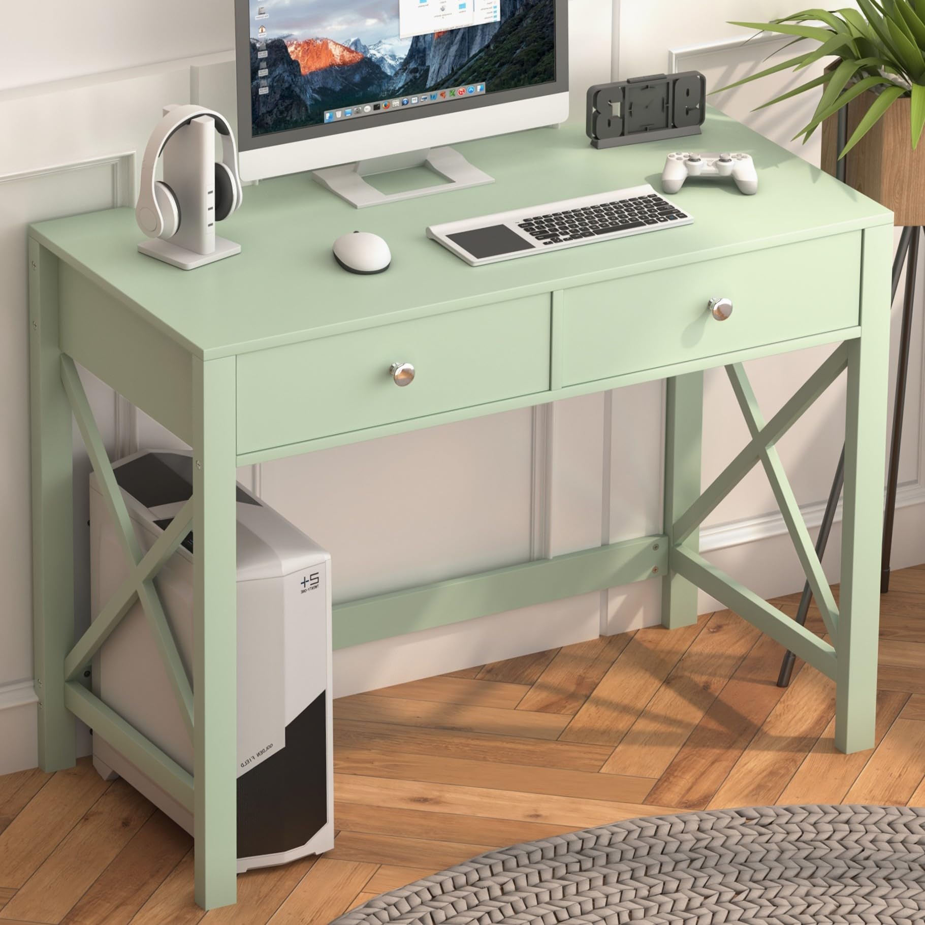 Home Office Desk with Drawers, Small Writing Computer Desk for Bedroom, Modern Green Makeup Vanity Table for Girls, Study Table 